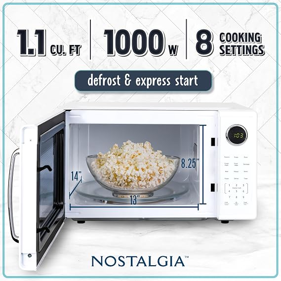 Nostalgia Retro 1000W Microwave Oven 1.1 Cu Ft Capacity Child Safety Lock, 8 Auto-Cook Settings Countertop Kitchen Appliance White