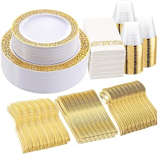 WELLIFE 350Pcs Gold Dinnerware Sets, Plates and Napkins Party Supplies Include:50 Dinner Plates, 50 Dessert Plates, 50 Paper Napkins, 50 Cups, 50 Gold Plastic Cutlery Set