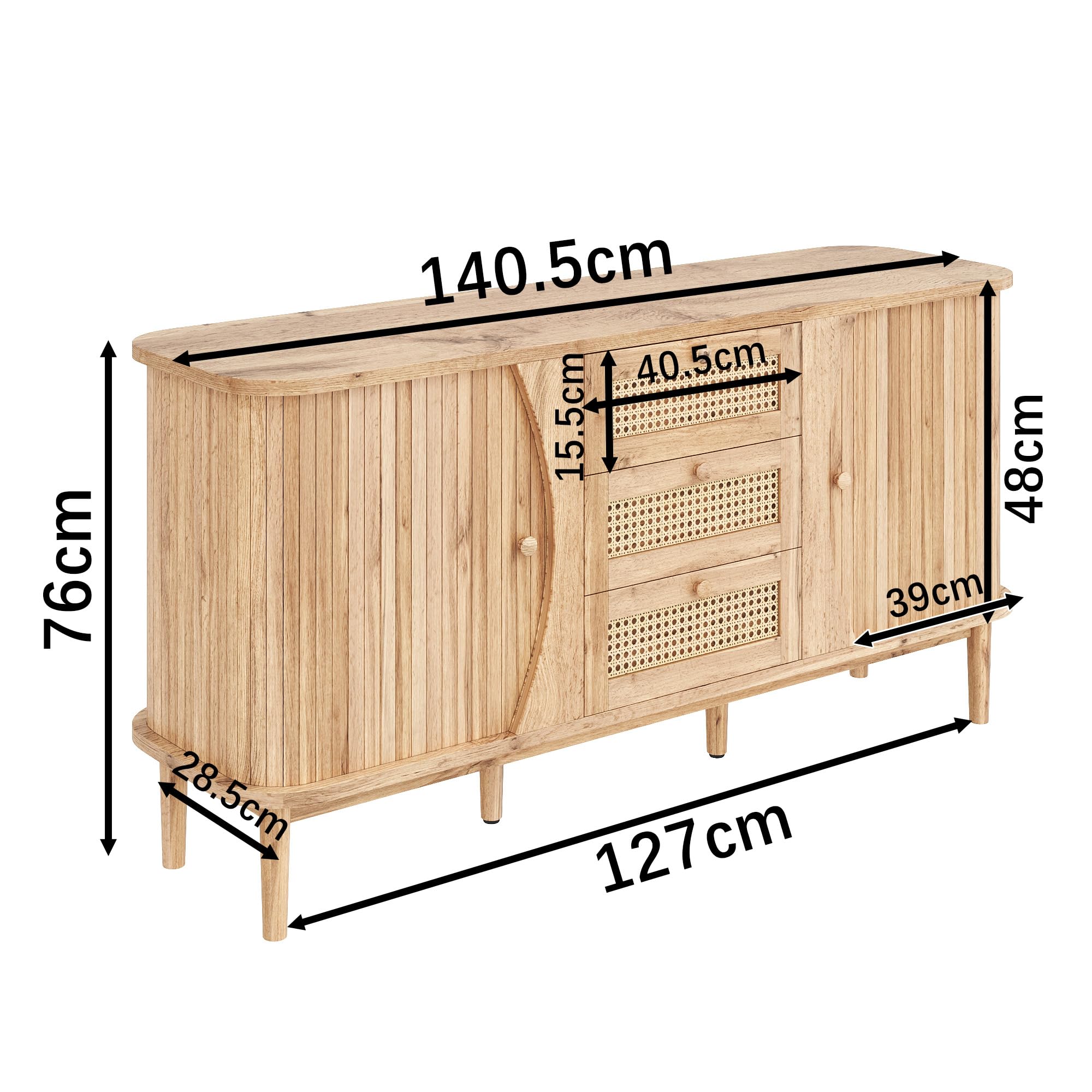 Credenza con 3 cassetti in rattan e ante scorrevoli, ripiani regolabili in altezza e angoli arrotondati, cassettiera per soggiorno, camera da letto e corridoio, grande spazio di archiviazione