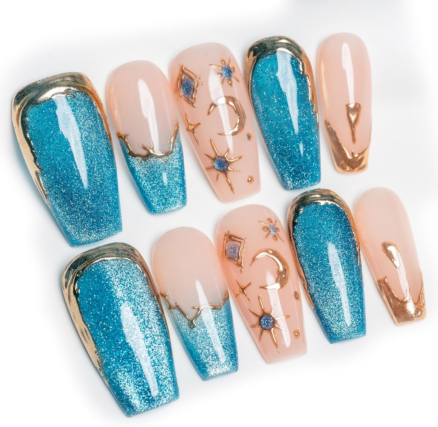 Sun&Beam Nails ハンドメイド プレスオン ミディアム ロング 棺 バレリーナ ピンク ブルー ゴールド カラー 3D
