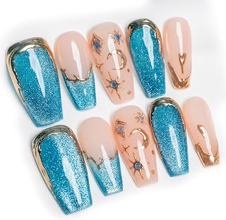 Sun&Beam Nails Handmade Press-On Medium Long Coffin Ballerina with Pink Blue Gold Color 3D Design Charm Cat Eye Cute False Nail Tips 10 Pcs (#82 S) (FN-HM-082-S.AU)