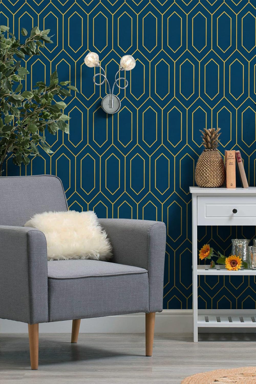 Safiyya 590"x17.3" Gold and Dark Teal Peel and Stick Wallpaper Geometric Contact Paper Boho Removable Wallpaper for Bathroom Vinyl Roll