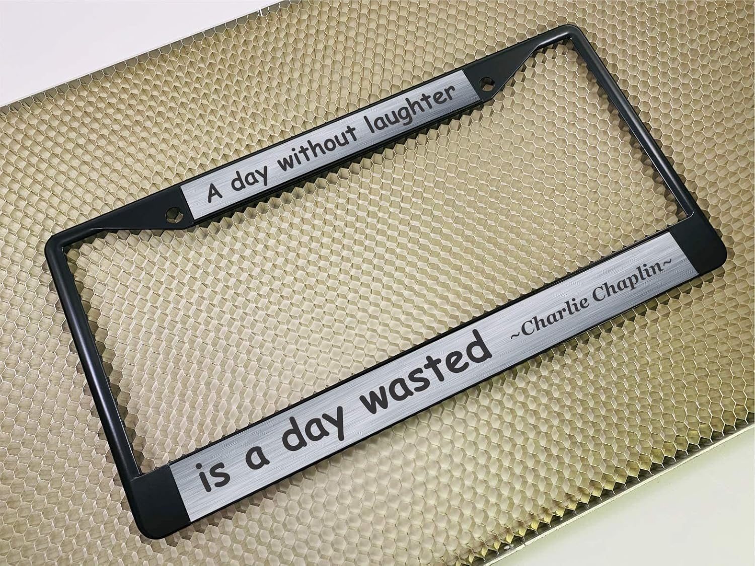 Custom Personalized Black Powder-Coated Metal Laser Engraved Standard Size - Car/Automobile License Plate Frame with Free caps - Steel/Black Text (Qty: 1 Frame)