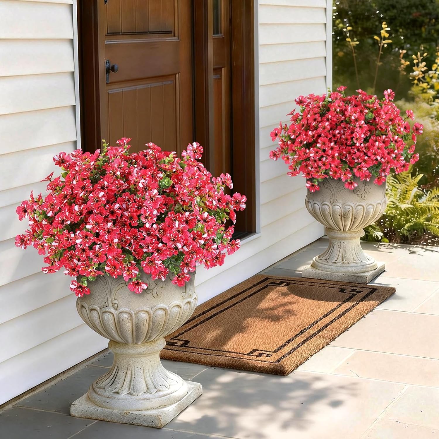 GLIDLION 24 Bundles Artificial Morning Glory & Eucalyptus for Outdoor, Realistic Fake Silk Flower UV Resistant Faux Plant for Front Door Patio Garden Farmhouse Decor (Rose Red)