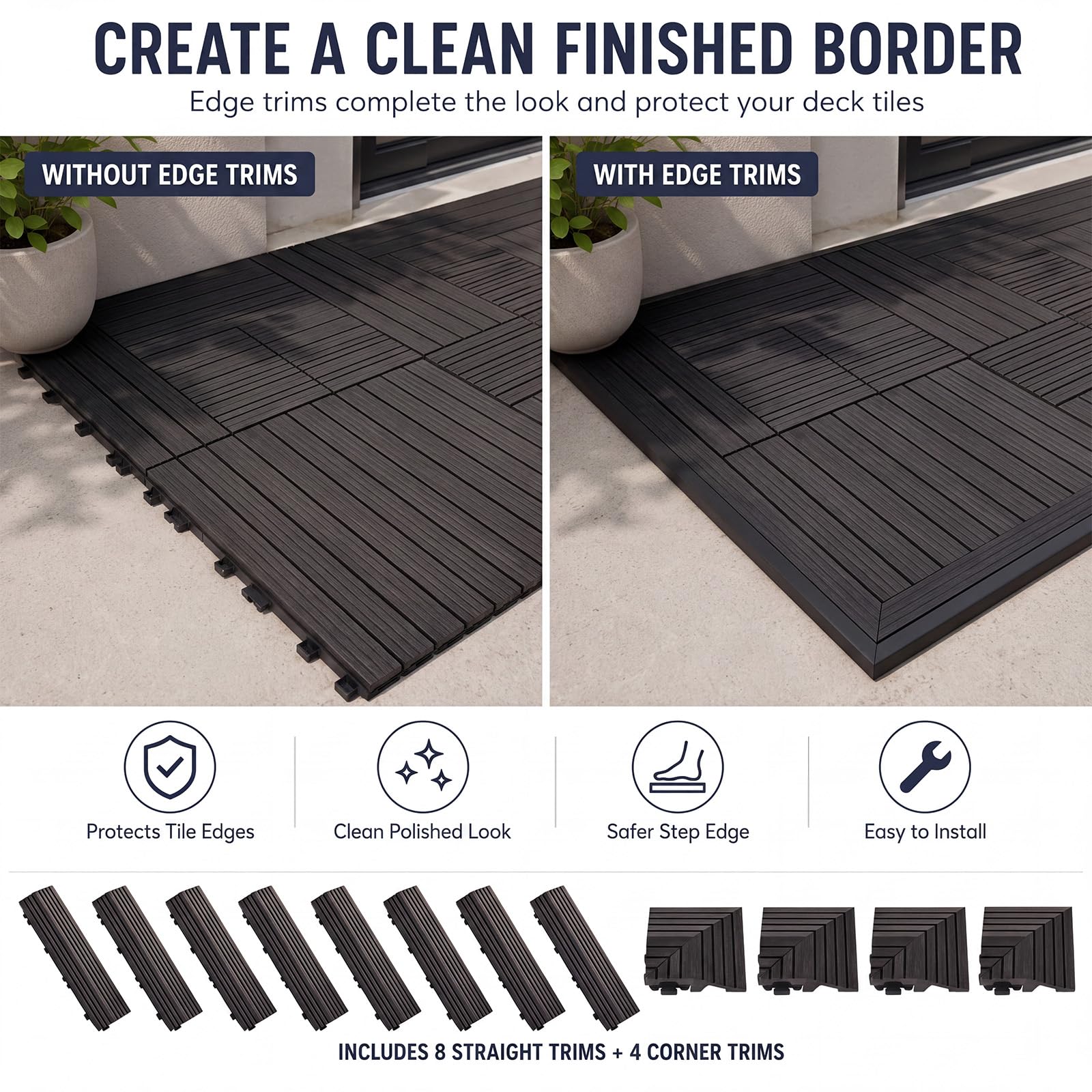 Ripeng Juego de 12 azulejos de madera negra, 8 piezas de borde recto, 4 bordes de esquina, compatibles con azulejos entrelazados de 12 pulgadas, borde de teca, fácil de instalar para pisos, azulejos