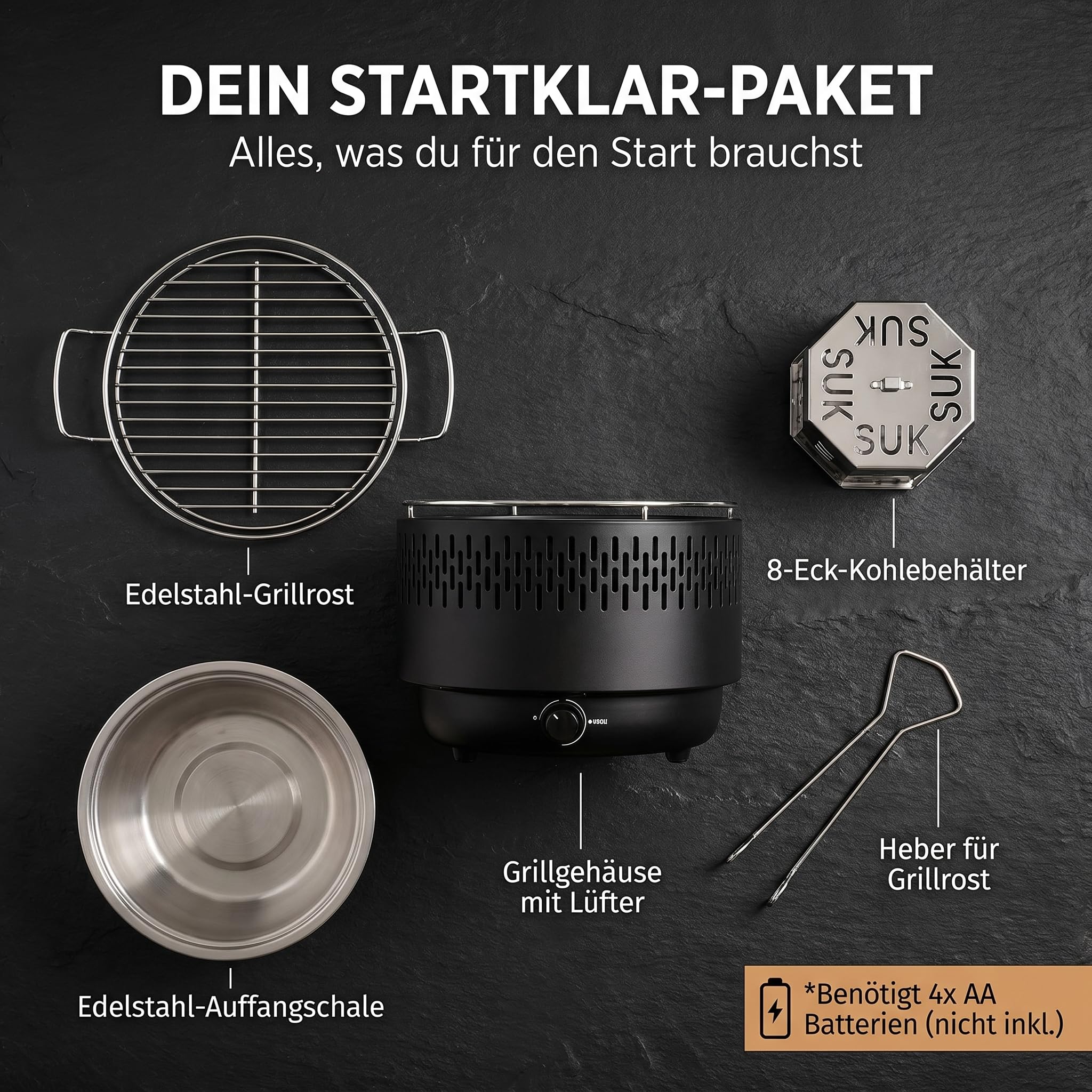 Tischgrill mit Aktivbelüftung und Edelstahlschale, Holzkohlegrill Grill mit Lüfter, Campinggrill BBQ Outdoor (Schwarz)