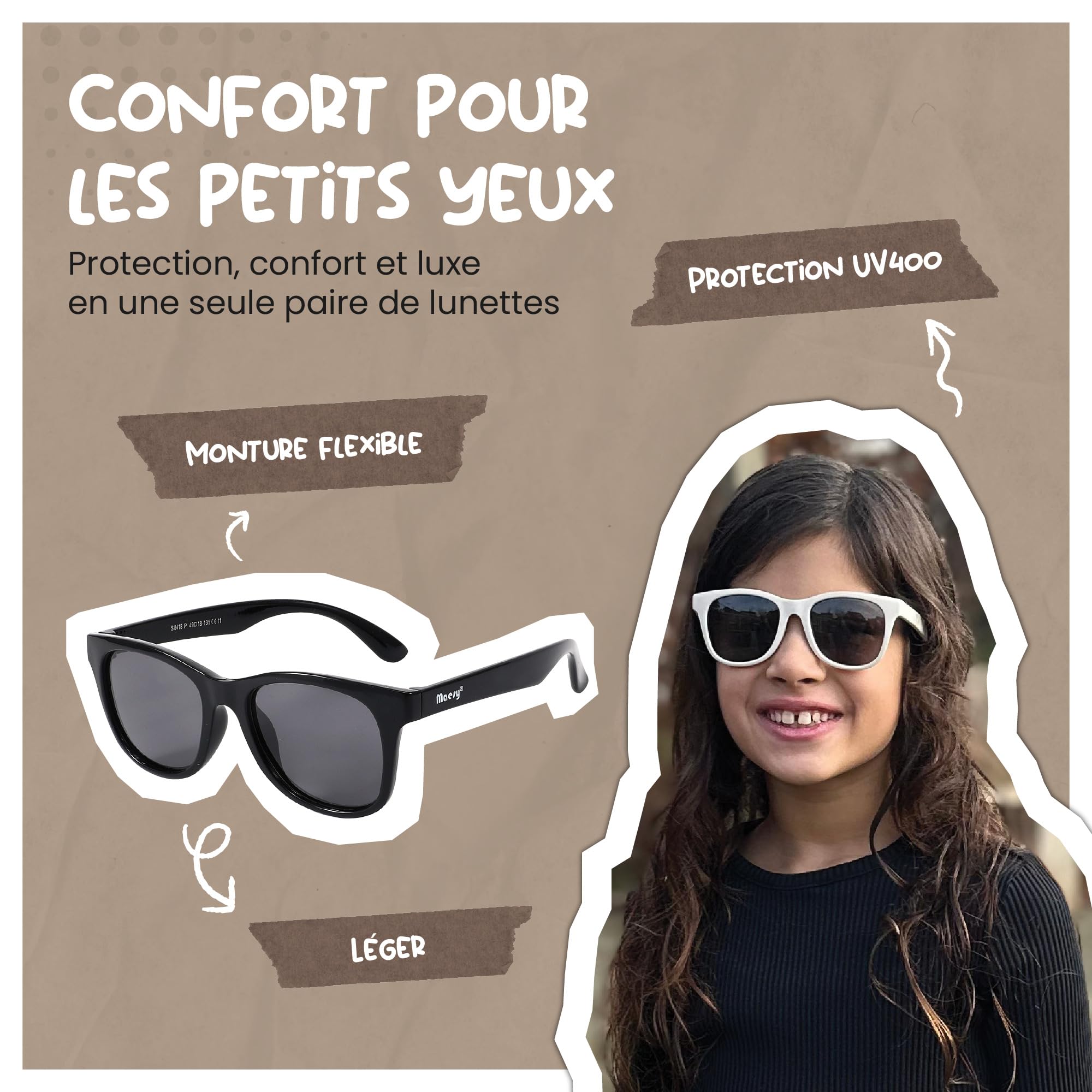Yuki Lunettes de soleil pour enfants de 6 à 12 ans - Protection polarisée UV400 - Cadre flexible et flexible - Lunettes de soleil sûres et confortables pour enfants