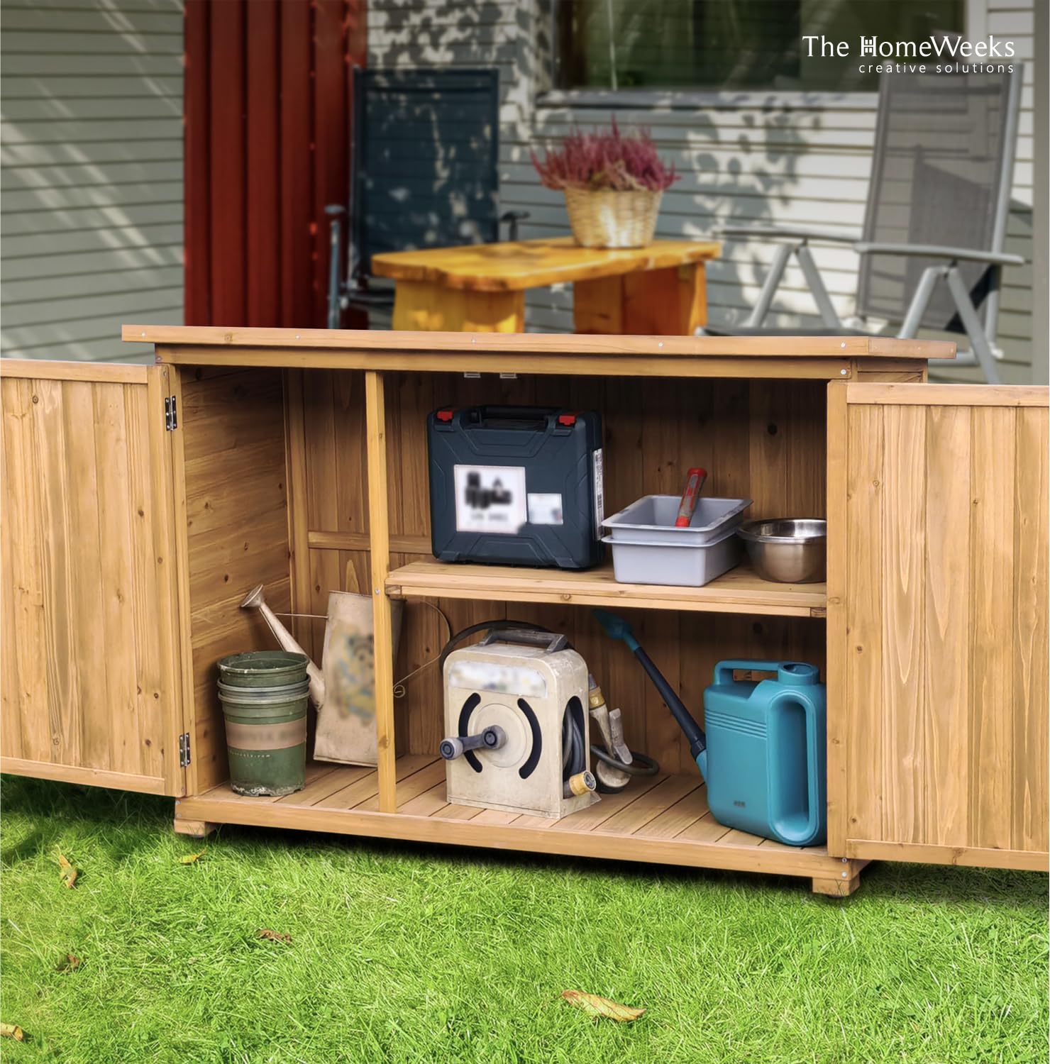 The Homeweeks Cobertizo Armario Jardín | IZELA | Madera Tratada Maciza 128 * 52 * 88cm | Armario Multiusos | Impermeable | para Almacenamiento de Herramientas y Accesorios de jardín