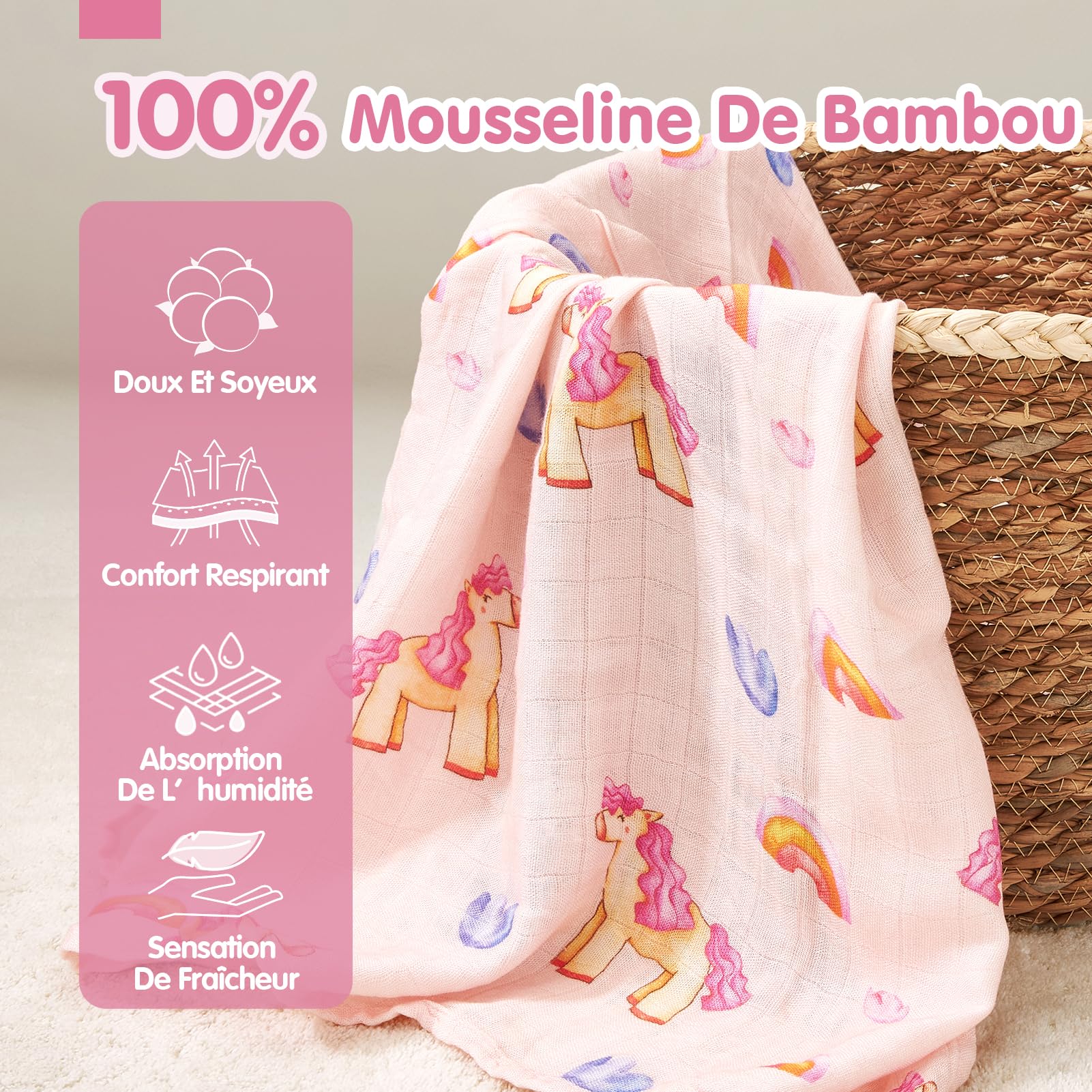 hahaland Couvertures d'Emmaillotage 100% Mousseline de Bambou pour Bébé - Lot de 3 (1 Grande 120x120 cm + 2 Standard 100x100 cm), Ultra-Douces, Respirantes, Essentiels pour Les Nouveau-nés - Rose