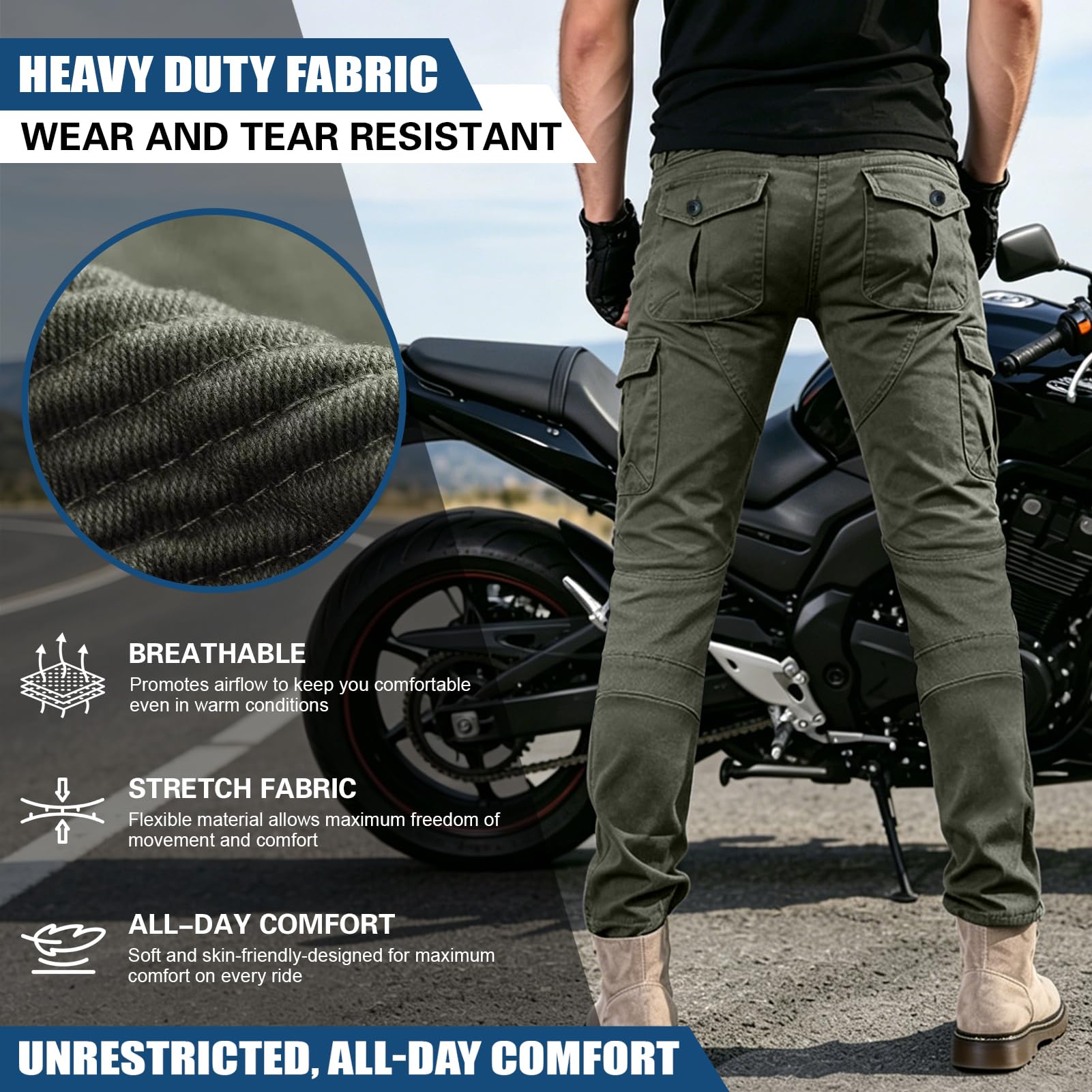 Pantaloni da Moto per Uomo con Protezioni, Jeans per Motociclismo, Moto Biker, Denim Elasticizzato Resistente per Avventure E Tutte Le Stagioni