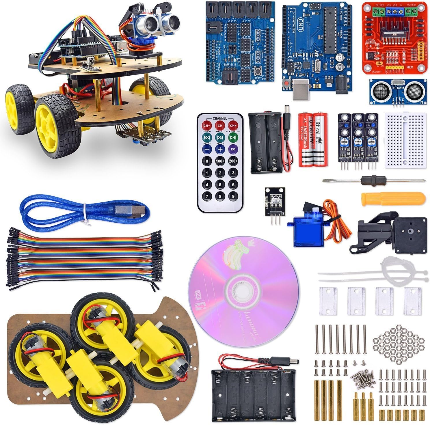 WeiKedz UNO Project Smart Robot Car Kit with Four-wheel Drives, UNO R3, Link Tracking Module, Ultrasonic Sensor, Remote, ect. Newest Intelligent and Educational Toy Car for Kids