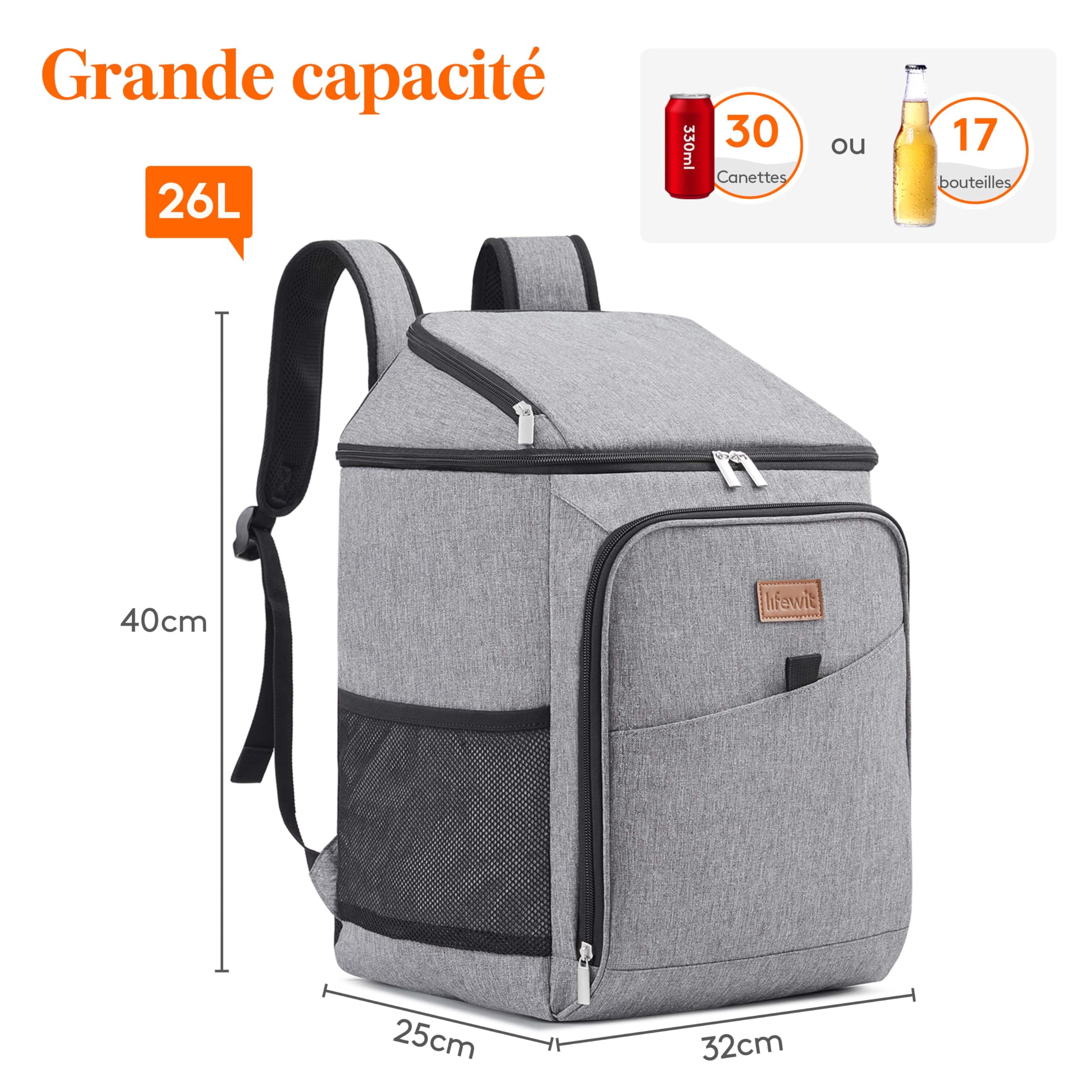 Lifewit Sac a Dos Isotherme, Grand Glaciere Souple Isotherme Adulte, Portable Sac à Dos Isotherme Plage, Pique Nique, Randonnee, Camping, 26L(34 Cannettes), Gris