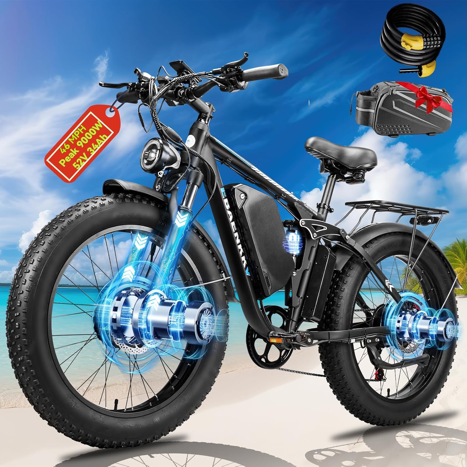 Peak 9000W Dual Motor Ebike for Adults,46MPH Fast Electric Bike 52V 34Ah Up to 100 Miles Long Range,24" Fat Tire Ebikes,SHM 7-Speed Full Suspension Electric Bicycle for Mountain Commuter Off-Road Snow