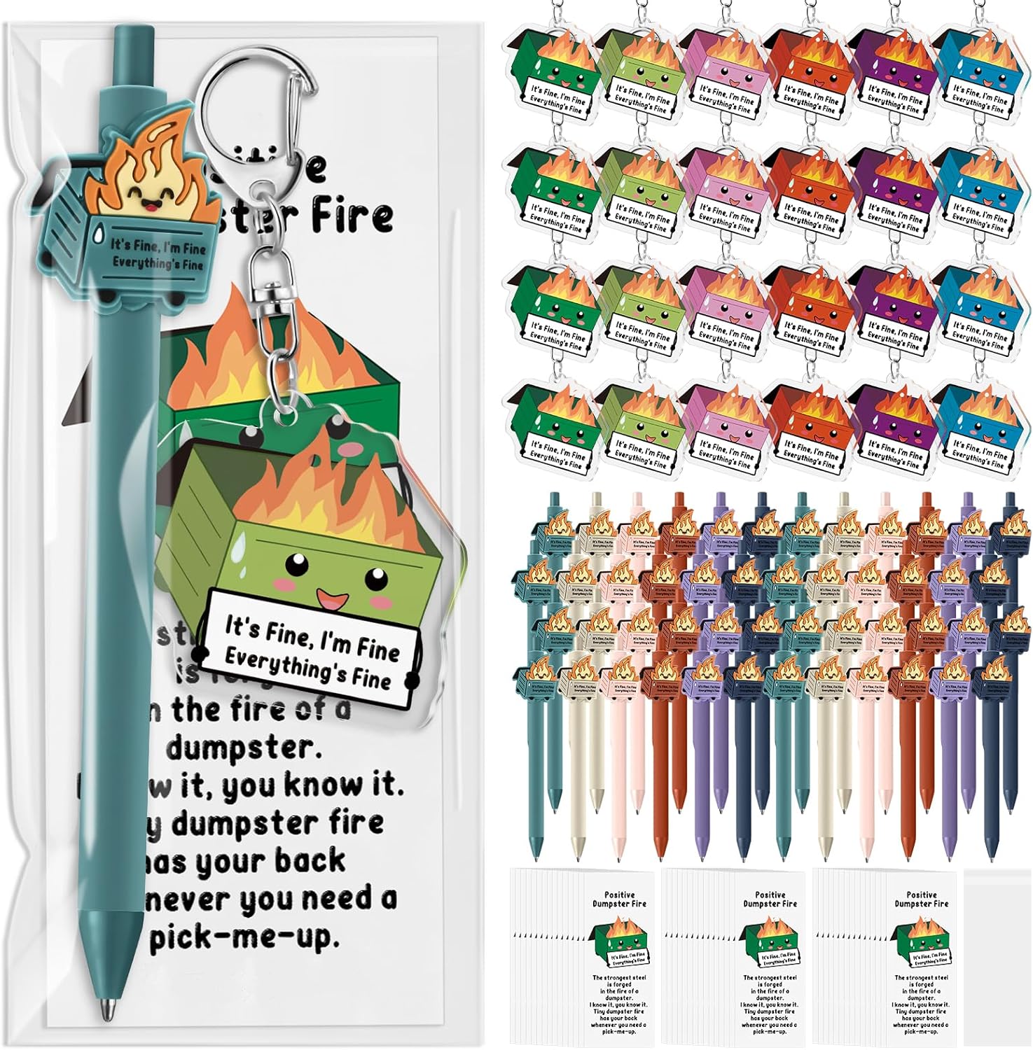 Sayglossy 48 Sets Dumpster Fire Funny Coworkers Gifts Ballpoint Pens Acrylic Keychains and Bookmarks Social Worker Gifts for Volunteer Nurse Teacher Administrative Professional Office Employee Team