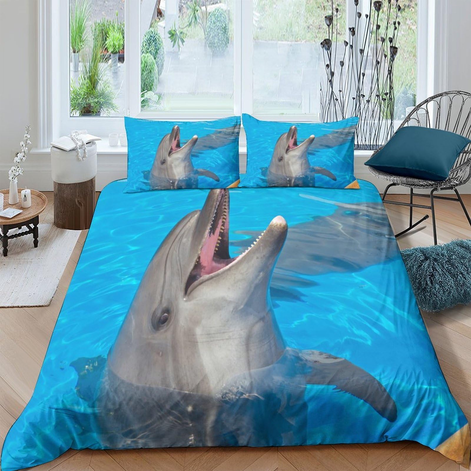 GPLZQXKJNH 3D Printed Dolphin Ocean Duvet Cover Microfiber Soft Blue Bedding Set with 2 Pillowcases for Bedroom Decor Single（135x200cm）