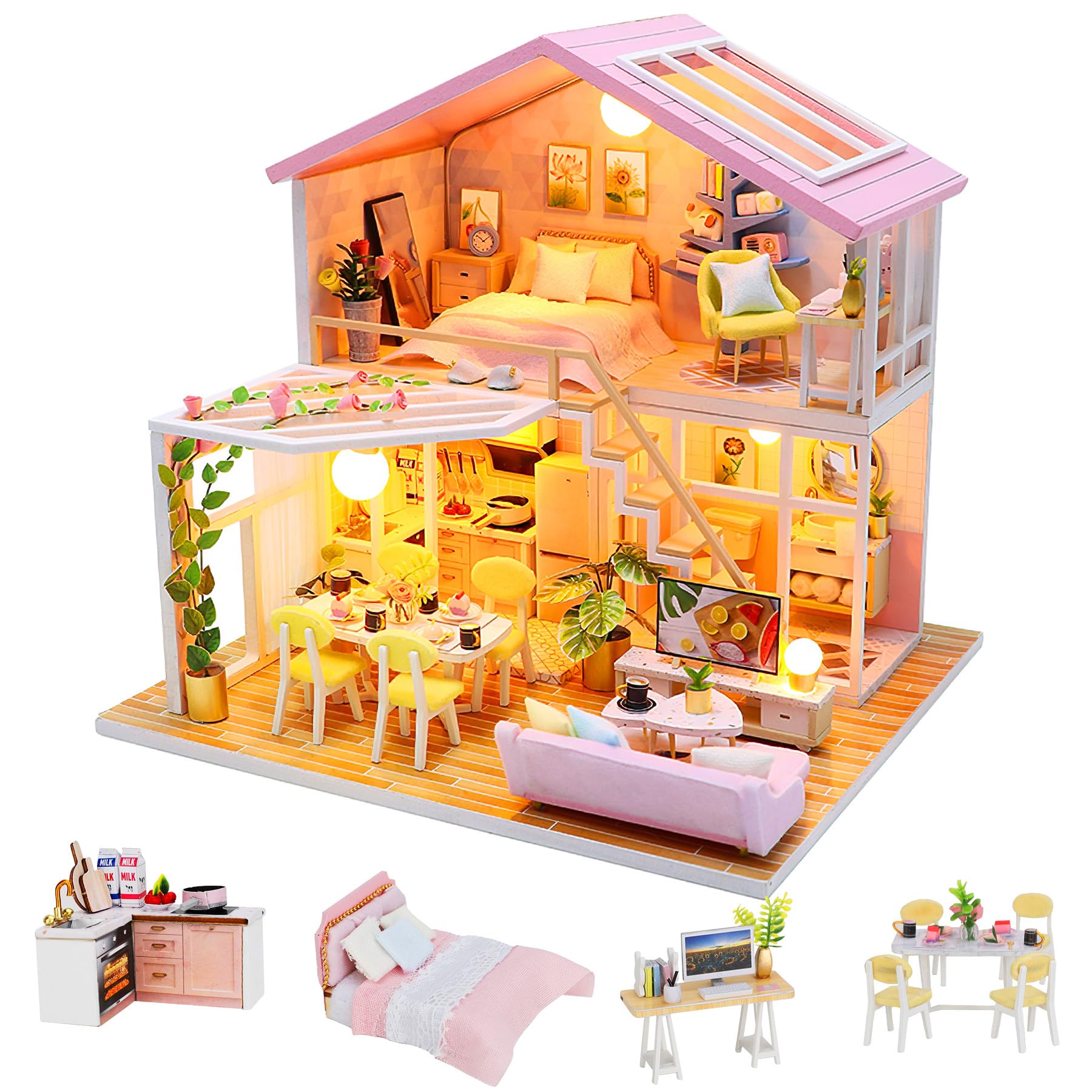 Dulsaera DIY Miniature Dollhouse Kit, Mini House Building Kit for Adults, Tiny House Making Kits with LED Light, Hobby Craft Decorations Birthday for