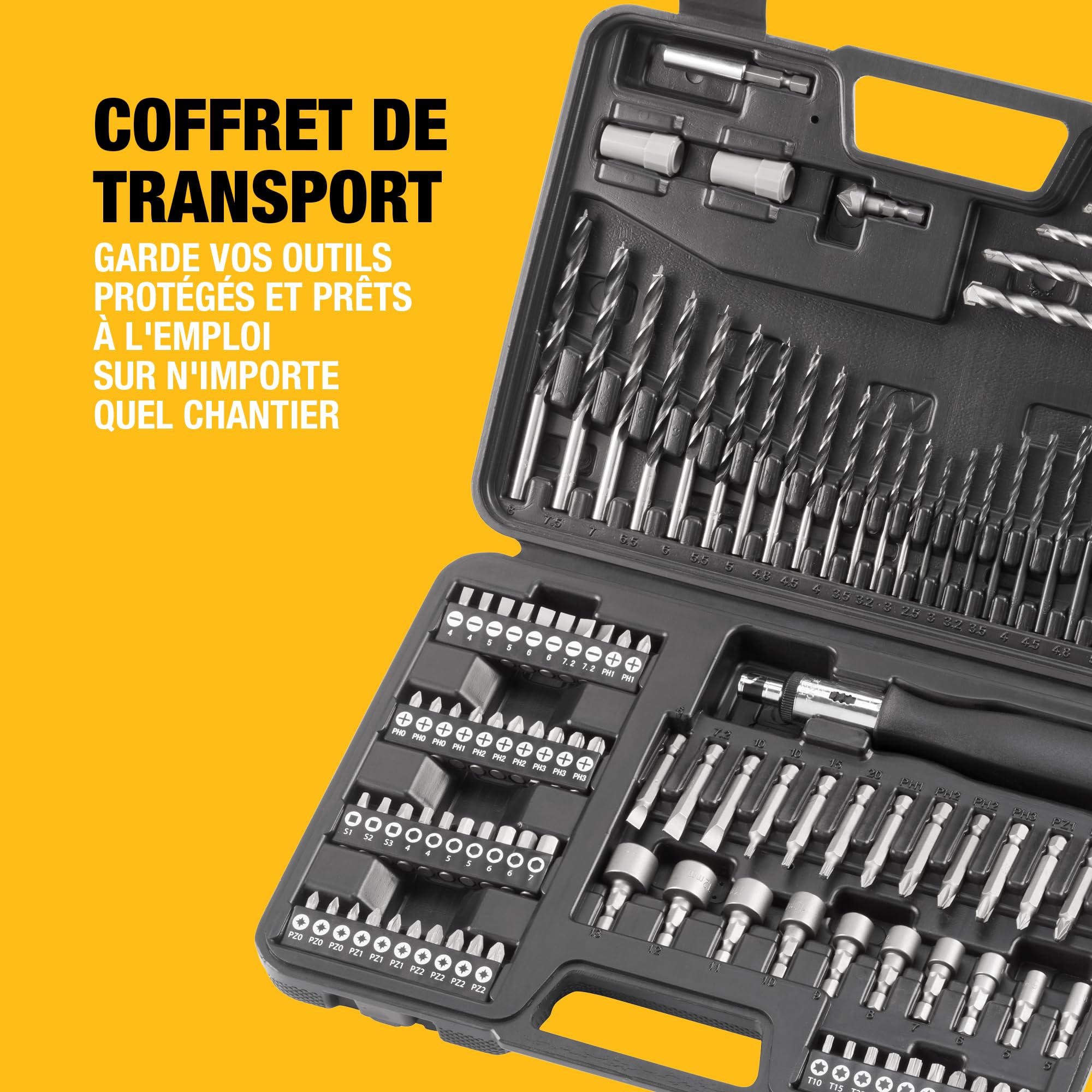 DEWALT Coffret de 109 Accessoires Percage Vissage.13 Forets HSS, 13 Mèches à bois, 5 Mèches Béton,50 Embouts de vissage 25mm, 13 Embouts 50mm, 10 Douilles, 2 Extracteurs de vis,1 Fraise, DT0109-QZ