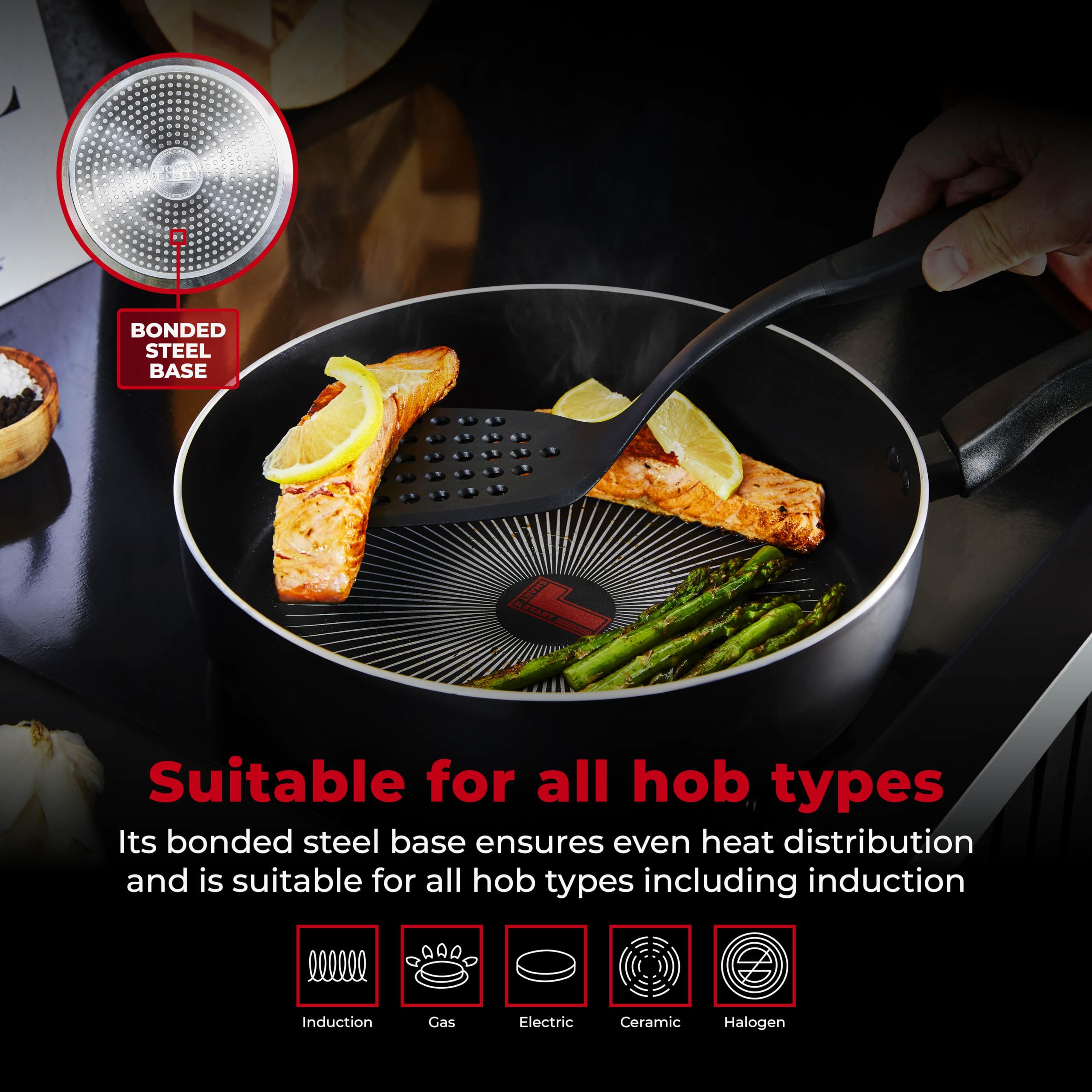 Tower T700318 SmartStart Gourmet - Sartén multisartén y tapa de aluminio con revestimiento antiadherente Aeroglide, compatible con inducción (28 cm)