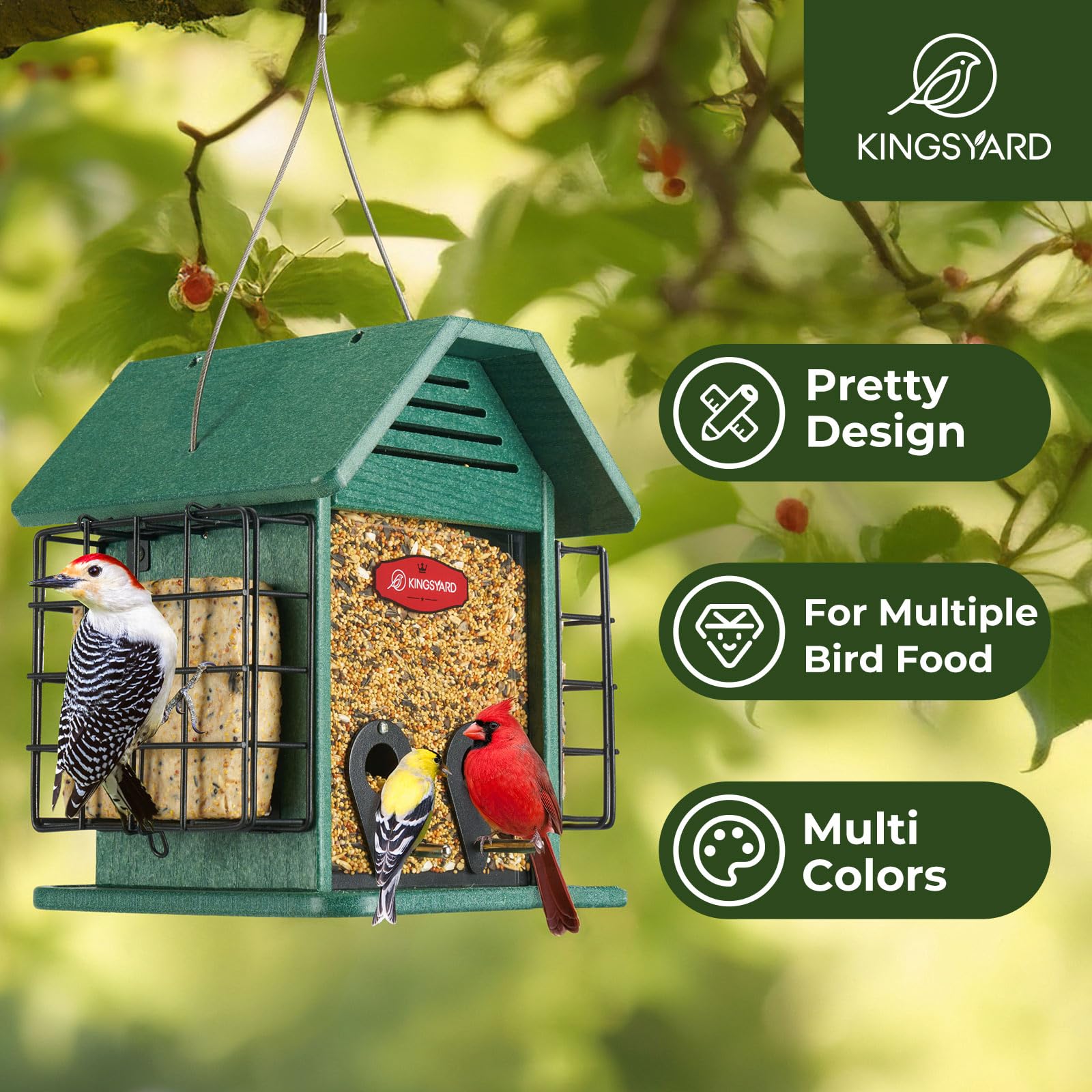 Kingsyard Comedero para pájaros 3 en 1 para colgar al aire libre, comedero doble de sebo de plástico reciclado con compartimento de malla de metal y techo resistente a la intemperie, gran capacidad de