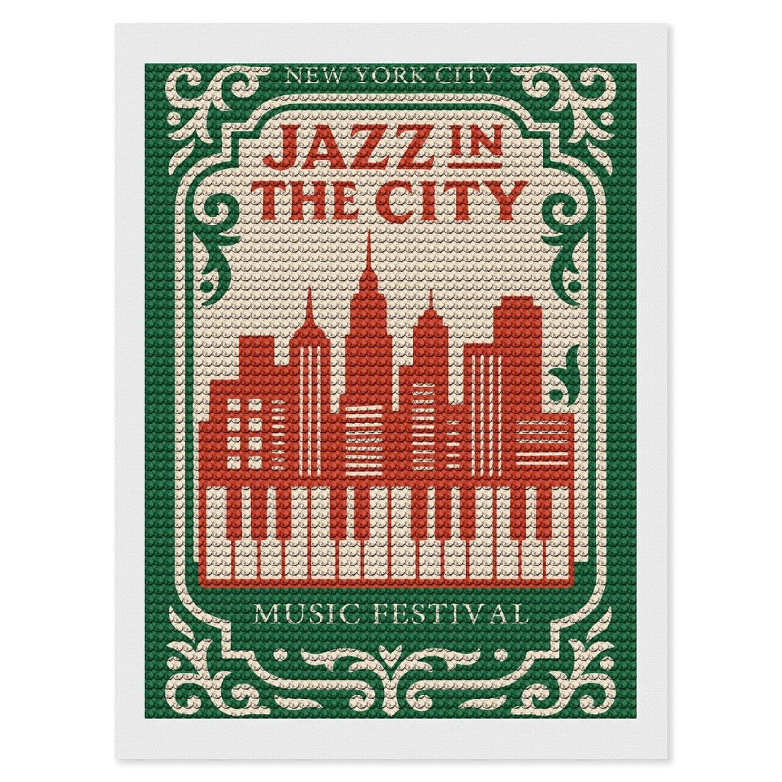 Junmoney Jazz in The City Music Festival Diamond Painting Set 12"x16", Full Kit Included, Sparkling Round Gems, Farmhouse Decor, Festive Craft Gift
