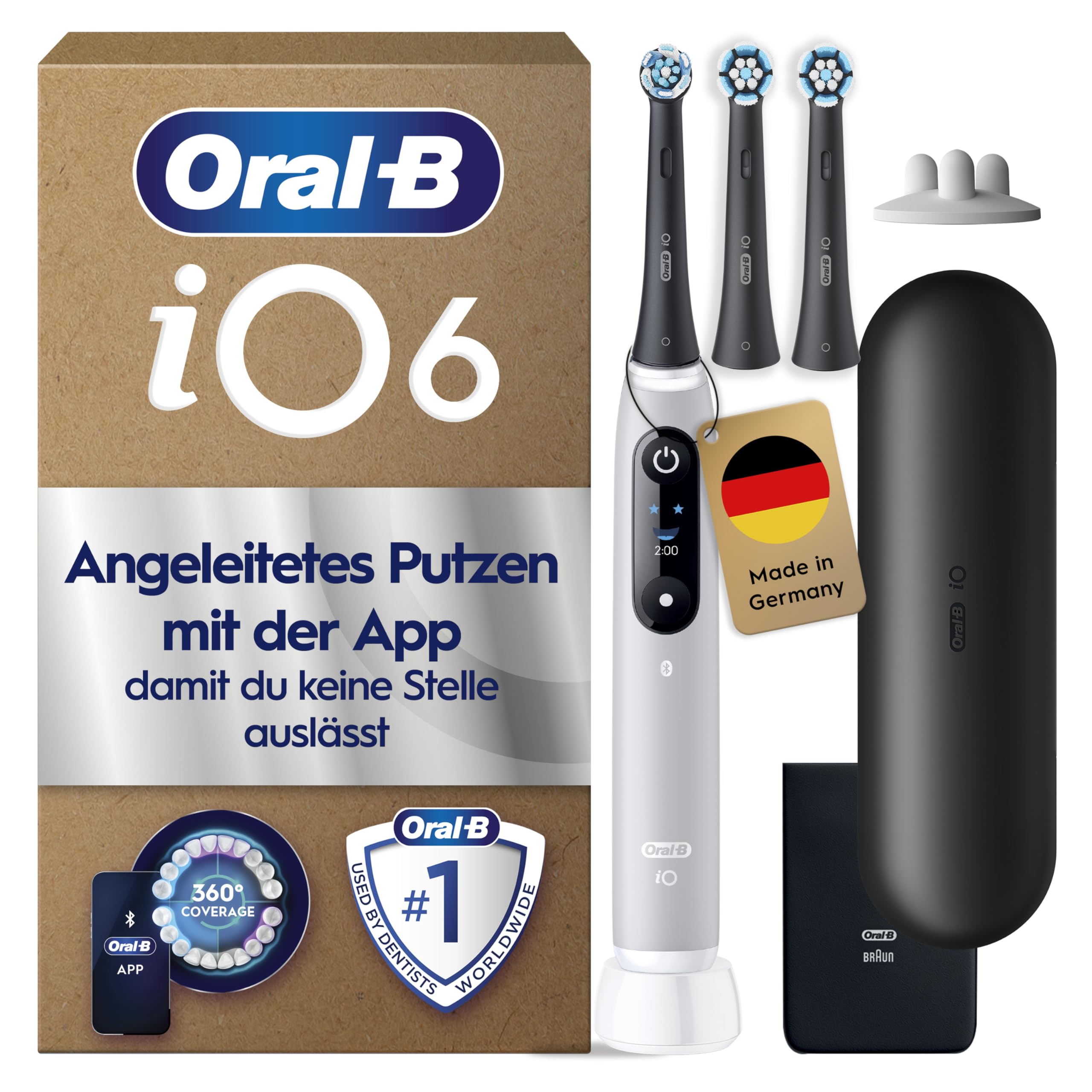 Oral-B iO Series 6 Plus Sensitive Edition Elektrische Zahnbürste — Electric Toothbrush, Inkl. 3 Aufsteckbürsten und Reise-Etui — 5 Putzmodi für Zahnpflege, Designed by Braun, Grau
