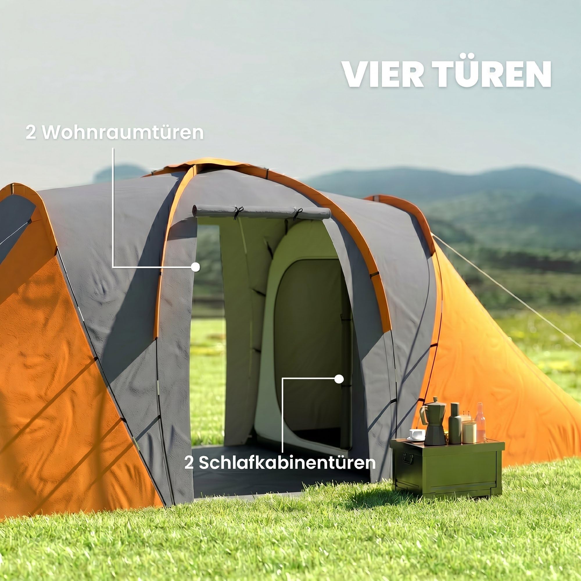 Outsunny Tente tunnel, tente de camping pour 4 à 6 personnes, avec 2 chambres, salon, tente familiale avec sac de transport, 2000 mm, imperméable, pour jardin, camping