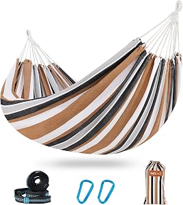 Lazy Daze Hammocks Extra Large Double Hammock, Portable Camping Hammock with Travel Bag & Tree Straps for Outdoor, Camping, Backyard, Patio, 550lbs Capacity, Brown & White