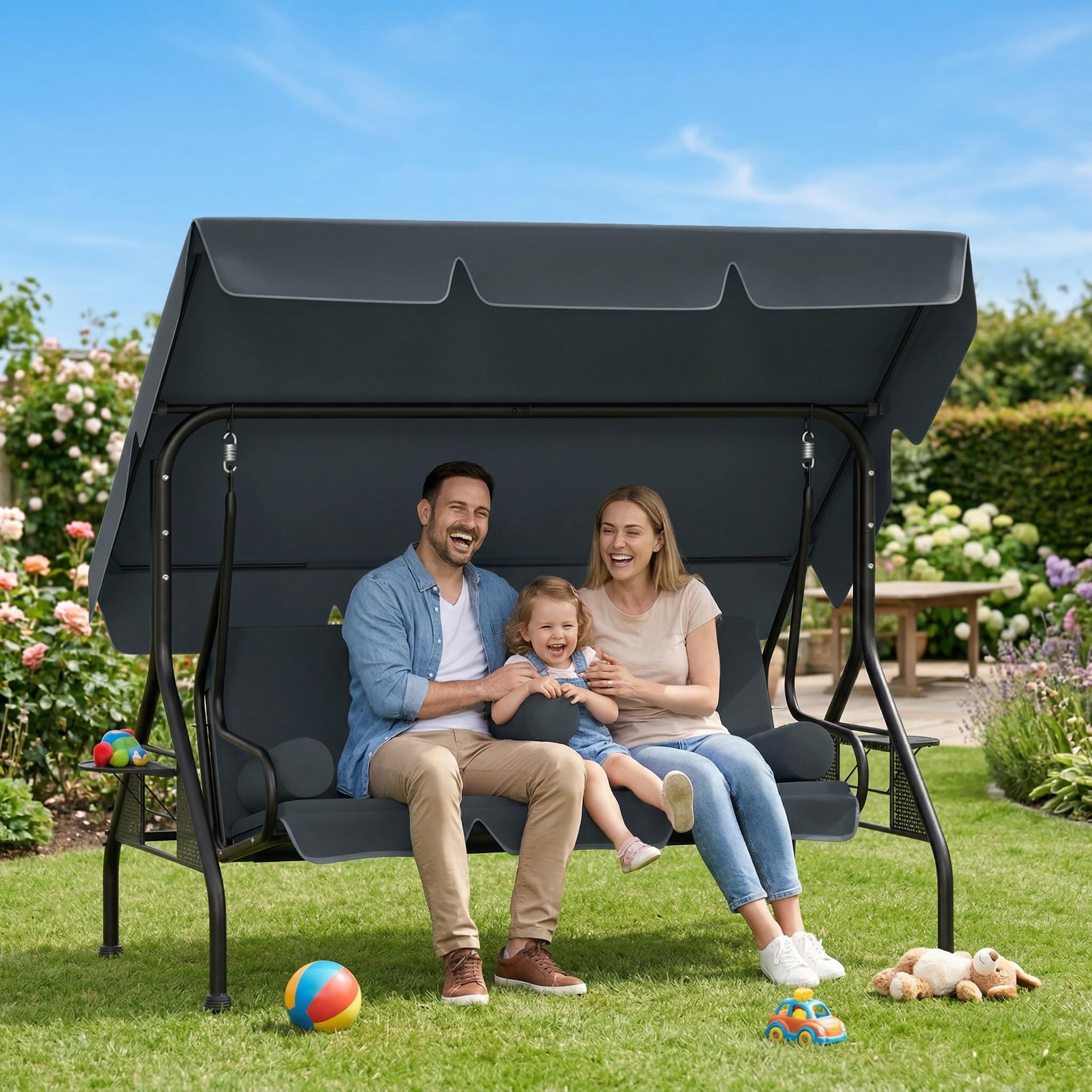Aufun Hollywoodschaukel 3-Sitzer Garten Schaukelbank mit Verstellbarem Sonnendach und Abnehmbarem Sitzkissen – wetterfeste Gartenschaukel für Terrasse Balkon Gartenliege bis 350 kg (Grau)