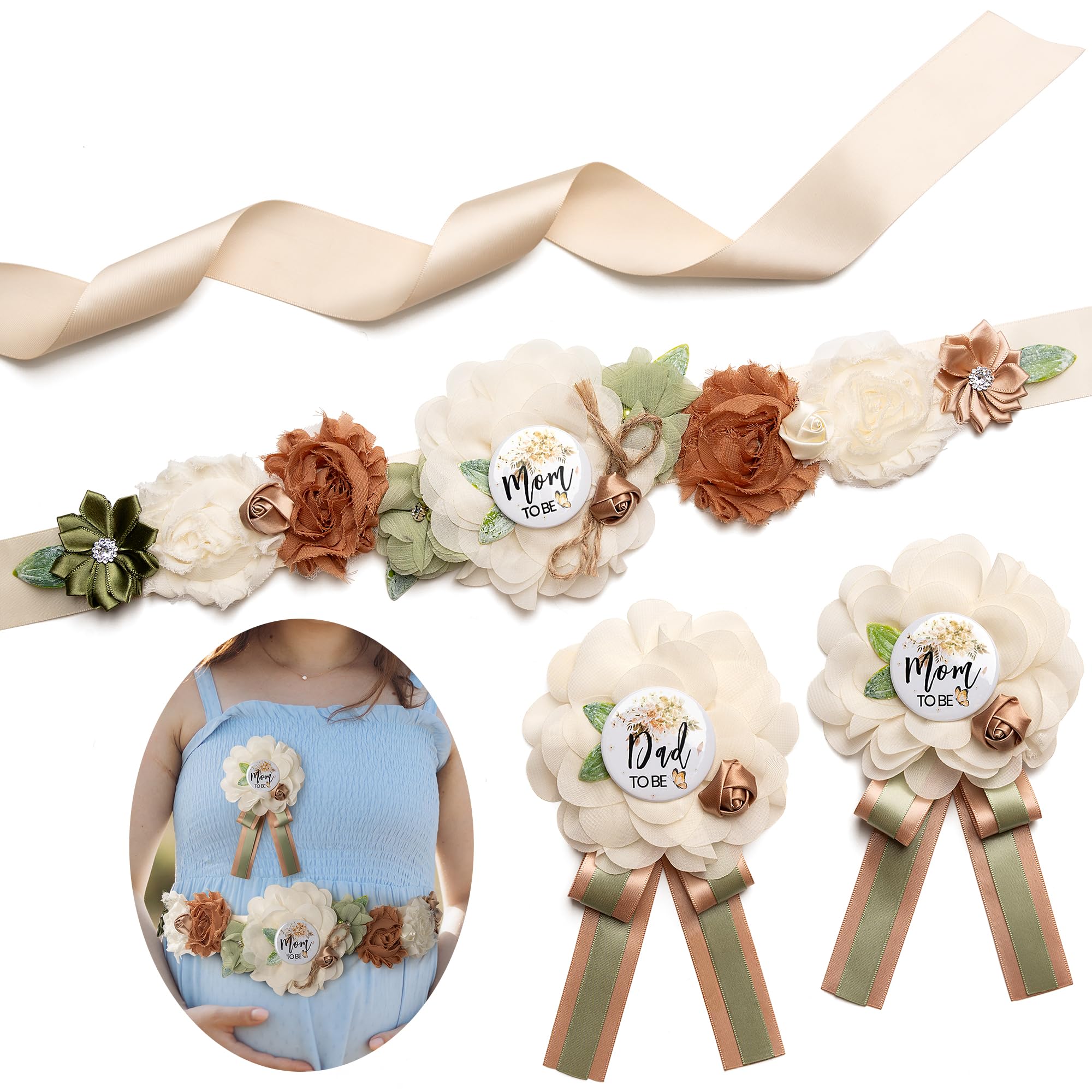 Baby Shower Sash Decorations Mom to Be Corsage Gift Dad to Be Pin 3Pack Set Flower Belt for Maternity Dress - Gender Reveal Pregnancy Photo Props