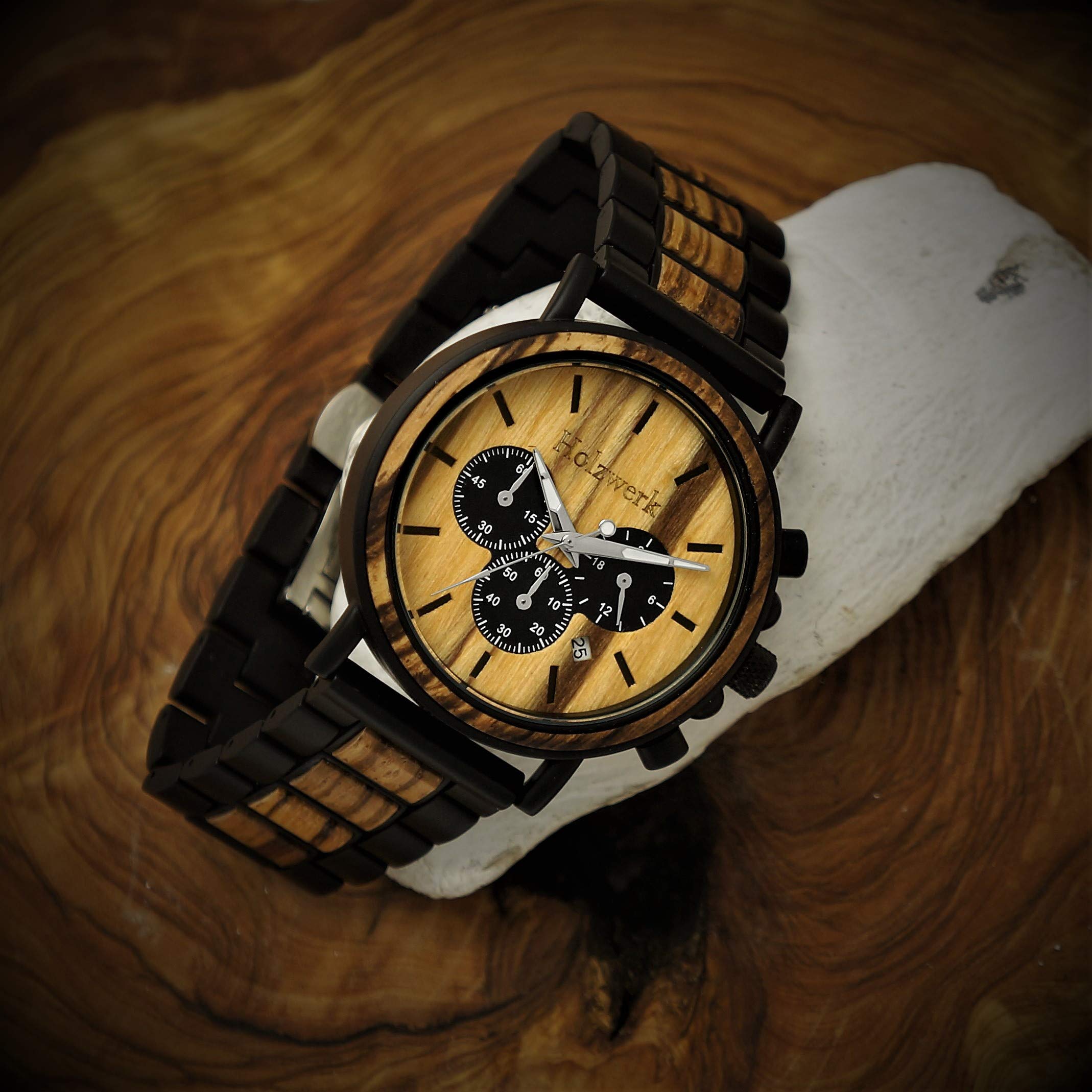 Handmade Holzwerk Germany® Designer męski zegarek ekologiczny naturalny drewniany zegarek chronograf zegarek na rękę analogowy zegarek kwarcowy brązowy czarny data drewno cyferblat,
