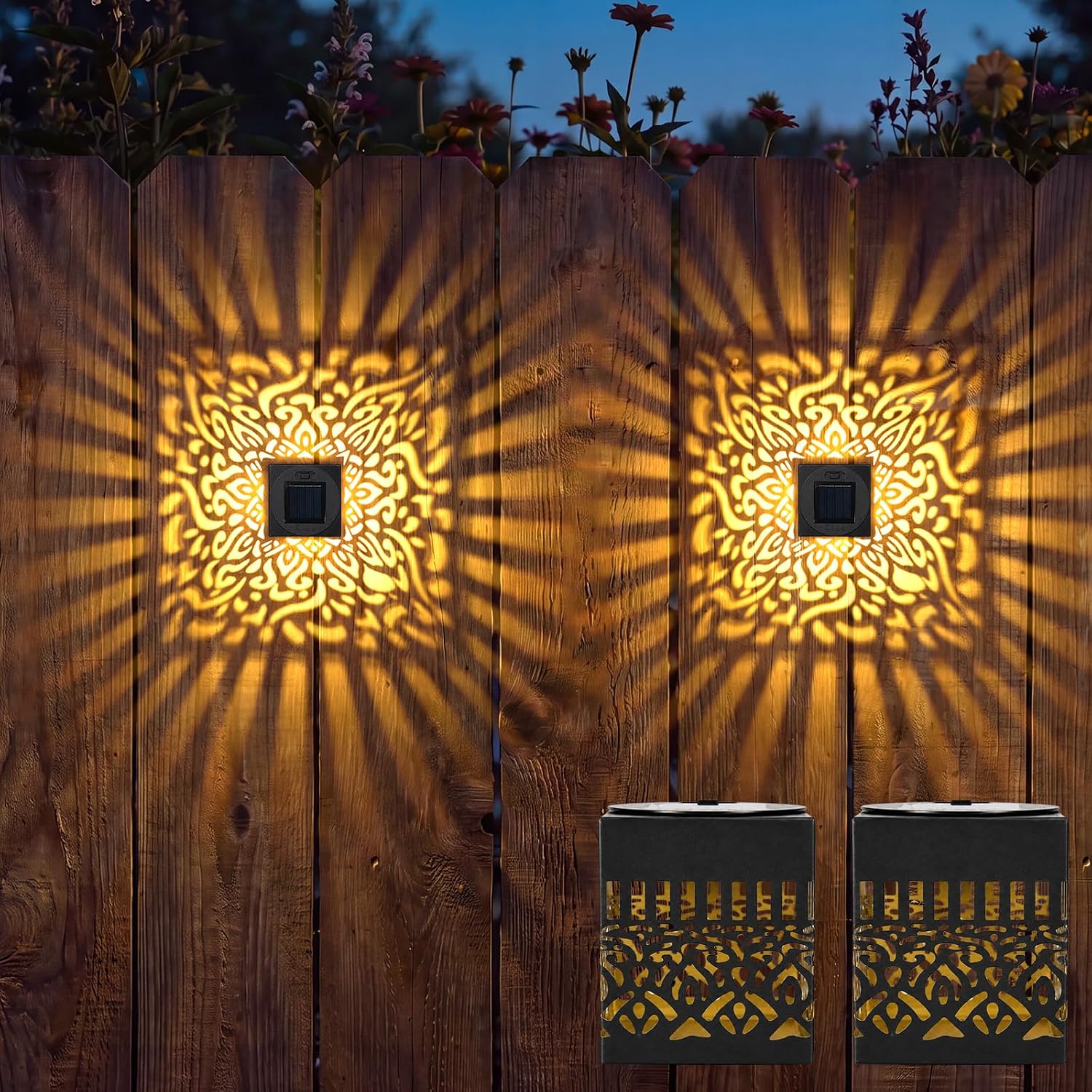 2 Pack Solar Fence Lights Metal Solar Powered Outdoor Deck Step 2027 New Wall Lights Mandala Theme Waterproof Fence Light for Garden Post Patio Backyard Yard Decor