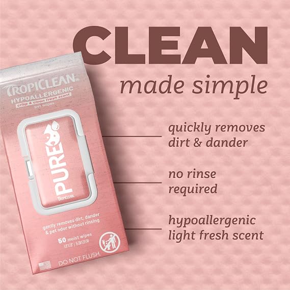 TropiClean Pure Hypoallergenic Dog Wipes, 50ct