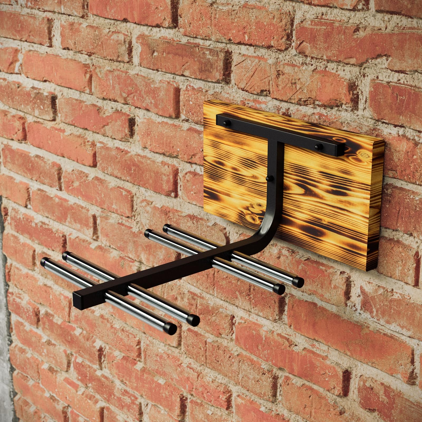 QLS Support de ski N4 mural pour 4 paires de 37 cm en acier et bois - Patère en bois - Pour marche nordique et trekking - Porte-skis