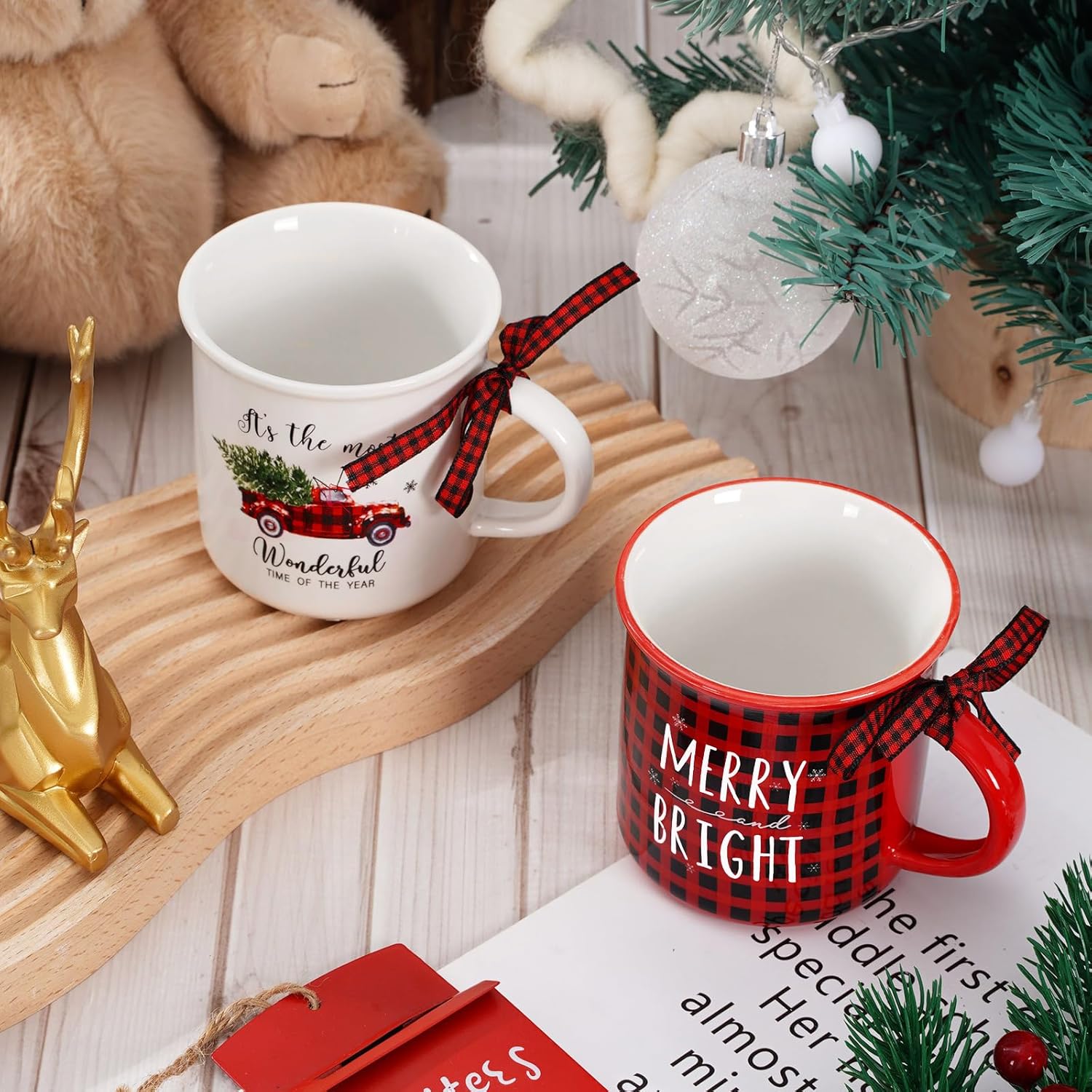 Whaline 4Pcs Christmas Mini Mugs with Plaid Ribbon Red Black Plaid Xmas Tree Truck Snowflake Mini Coffee Mug Merry Christmas Party Cups for Table Centerpieces Tiered Tray Decor Gifts (8.5oz)