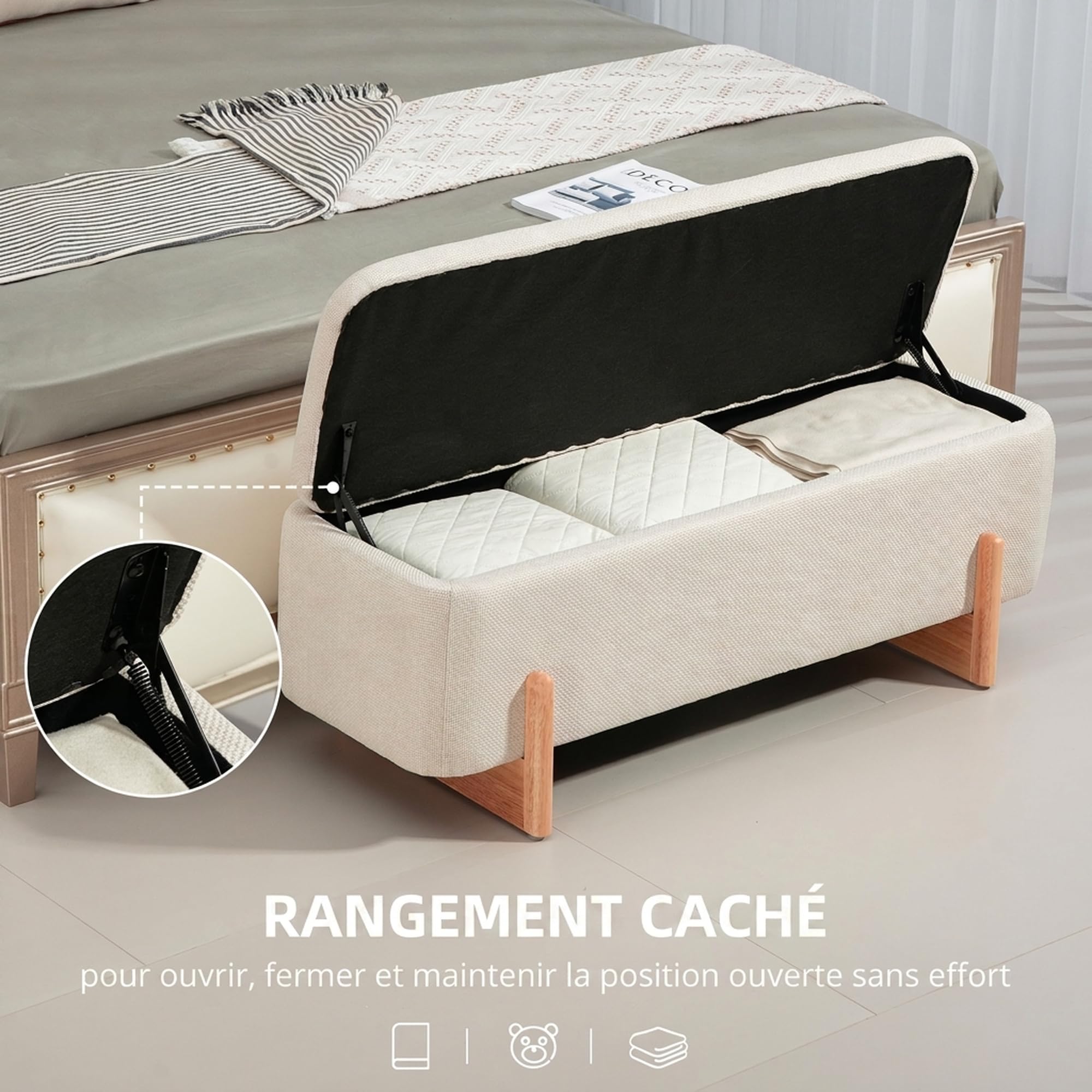 HOMCOM Banc de Rangement Bout de Lit Rembourré 111 x 44 x 44,5 cm Crème
