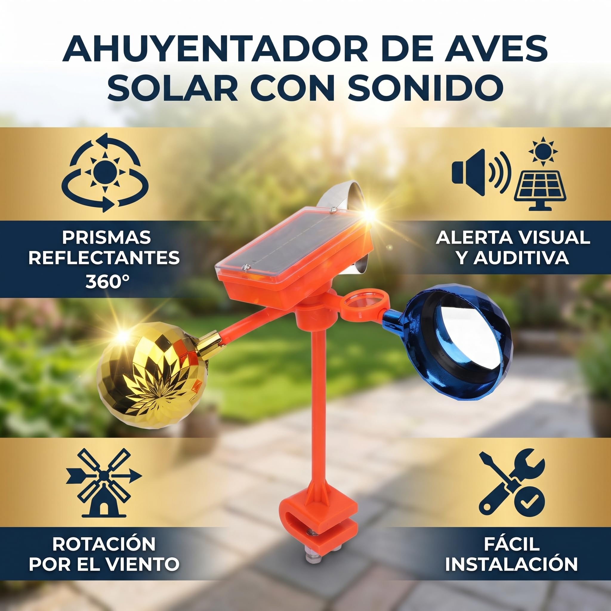 Disposente Reflectante de Pájaros Dispositivo de Viento Rotación de Viento 360 ° Prismos Reflectantes de Voz Solar Disuasa de Aves Fáciles Fácil para Control