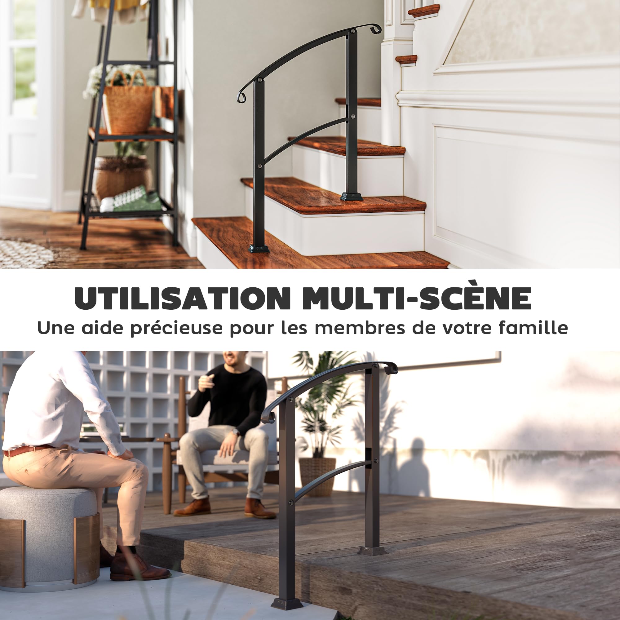 Outsunny Rampe d'Escalier Extérieure pour 1 à 3 Marches Main Courante Noir | avec Kit d'Installation, Rampe d'Escalier en Métal pour Porche, Bois et Béton, Style Campagne
