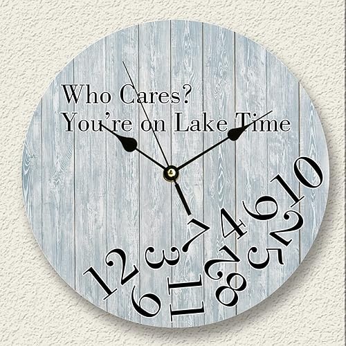 Reloj de pared de madera vintage, estilo retro, redondo, decorativo, funciona con pilas, sin tictac, Who Cares You're on Lake Time, números arábigos