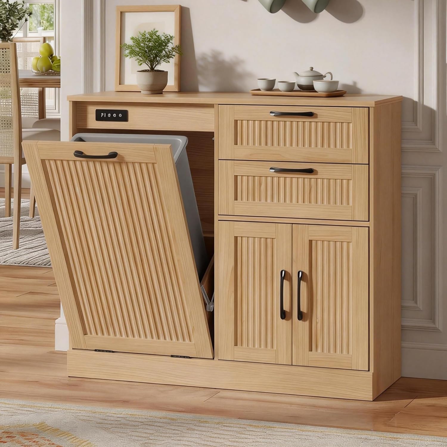 Vabches Fluted Buffet Storage Cabinet with Tilt Out Trash Can Cabinet, Sideboard with Drawers and Storage, Accent Cabinet with Adjustable Shelves, Hidden Trash Storage for Kitchen, Laundry