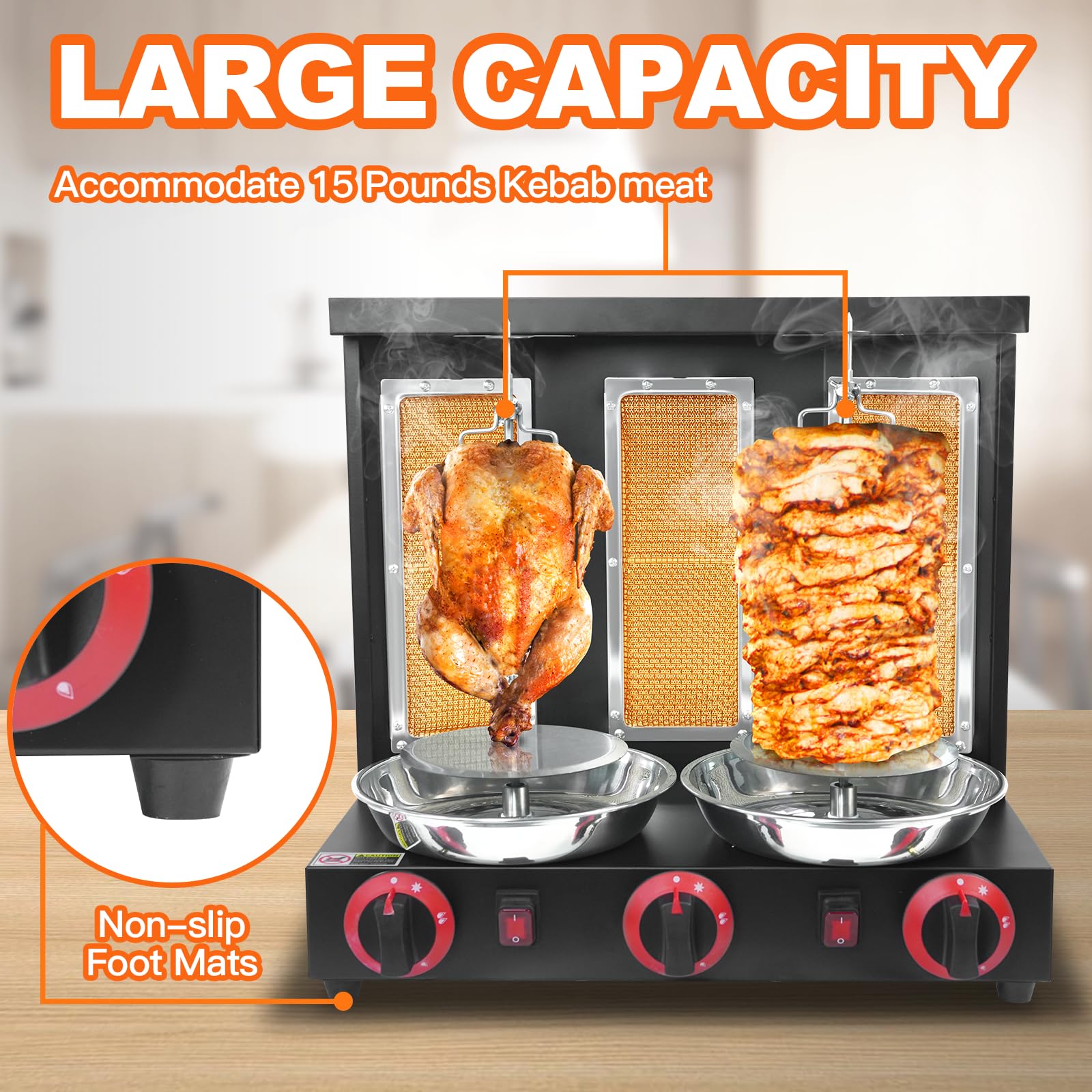 Shawarma Machine Propano Vertical Pollo Asador Asador con 3 Quemadores Giratorios Kebab Grill Gyro Machine 5