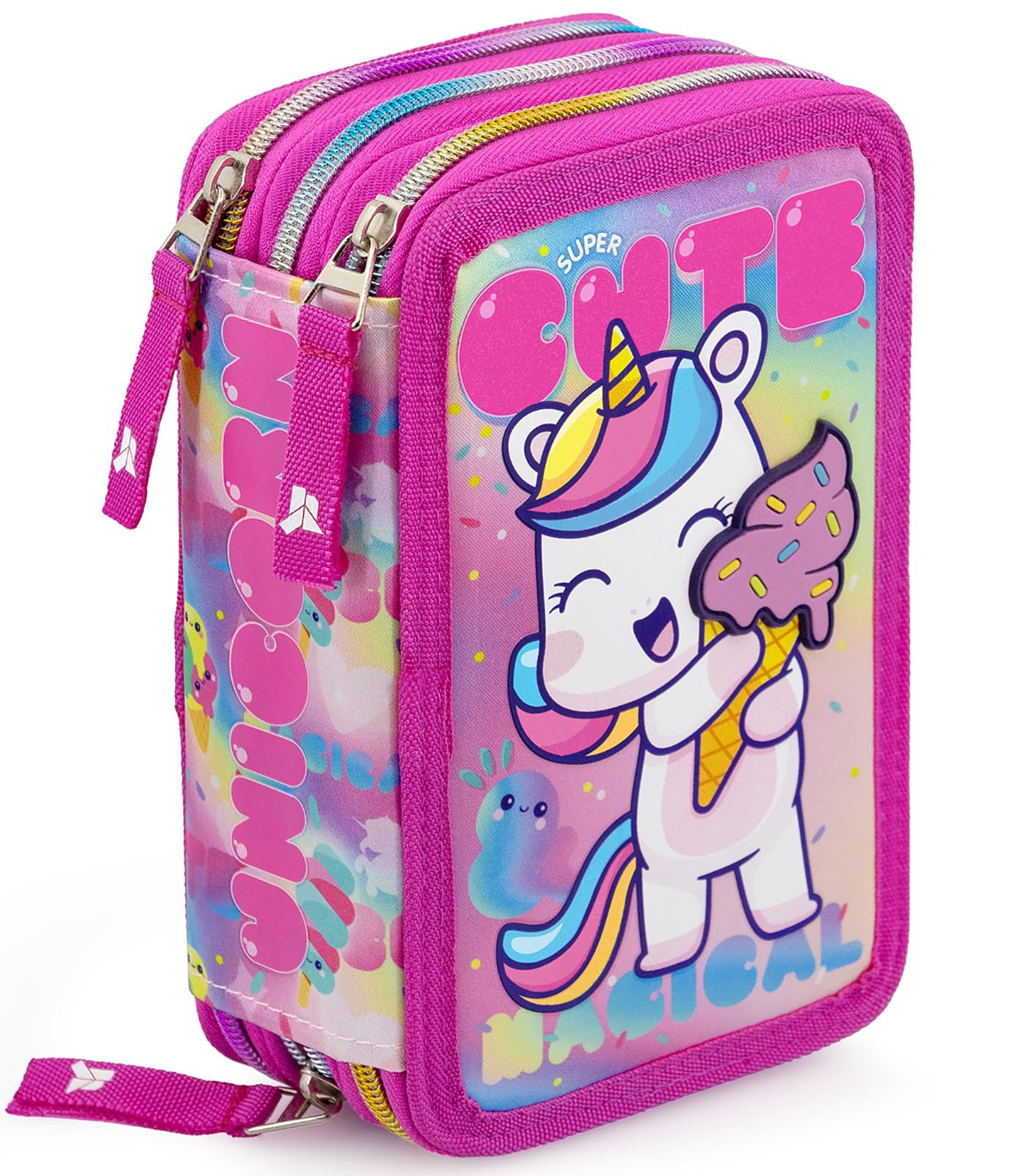 Julian Ross Unicornio con Helado Estuche Triple Relleno para Niñas, 45 Accesorios de Escuela, 3 Cierres de Cremallera, Lápices de Colores, Marcadores, Pegamento, Tijeras