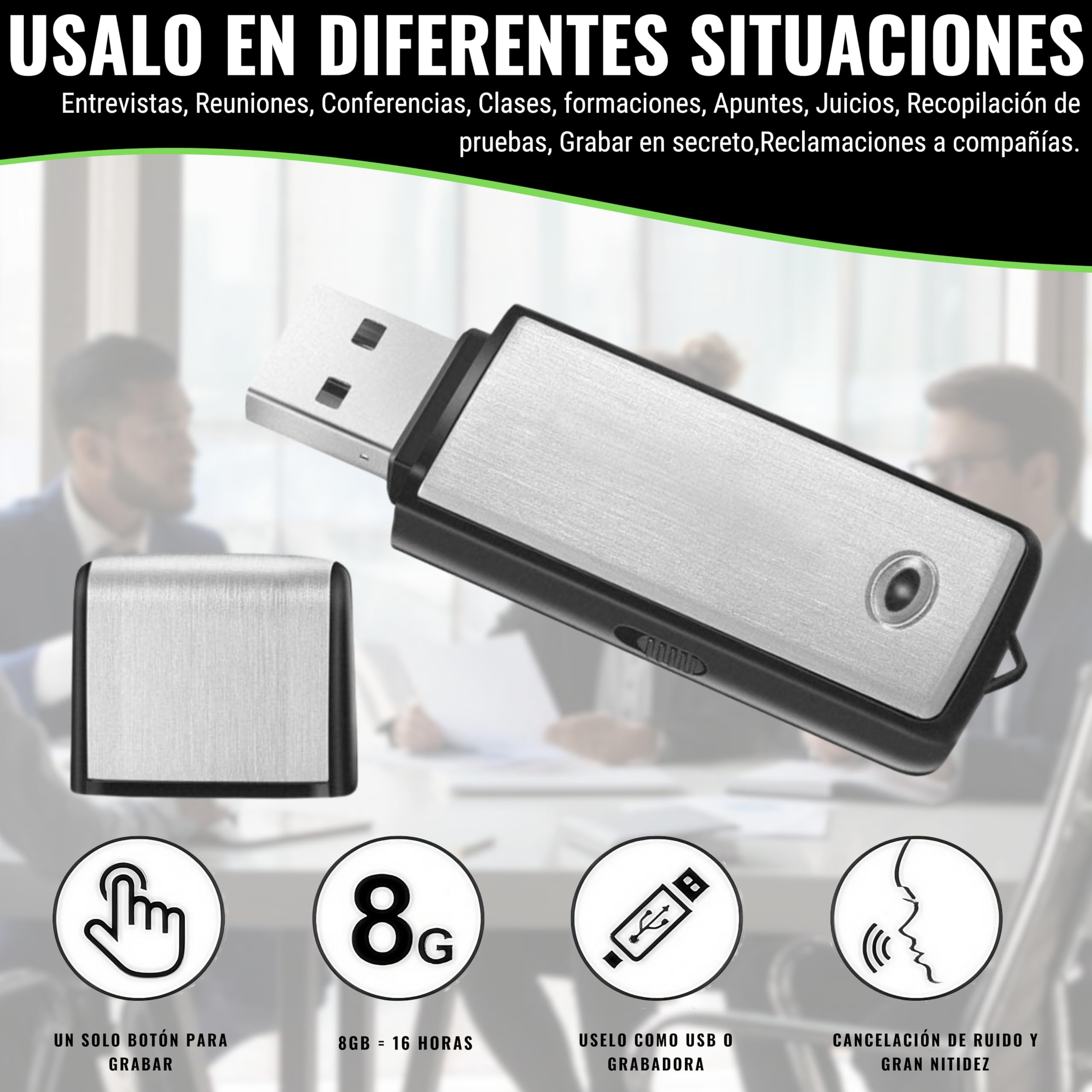 Grabadora de Voz Digital USB, Mini Grabadora de Voz Espia de 8 GB, Grabadora de Voz Pequeña Espía USB para Reuniones, Entrevistas, Conferencias, Clases, con Memoria para Varias Horas de Grabación N3