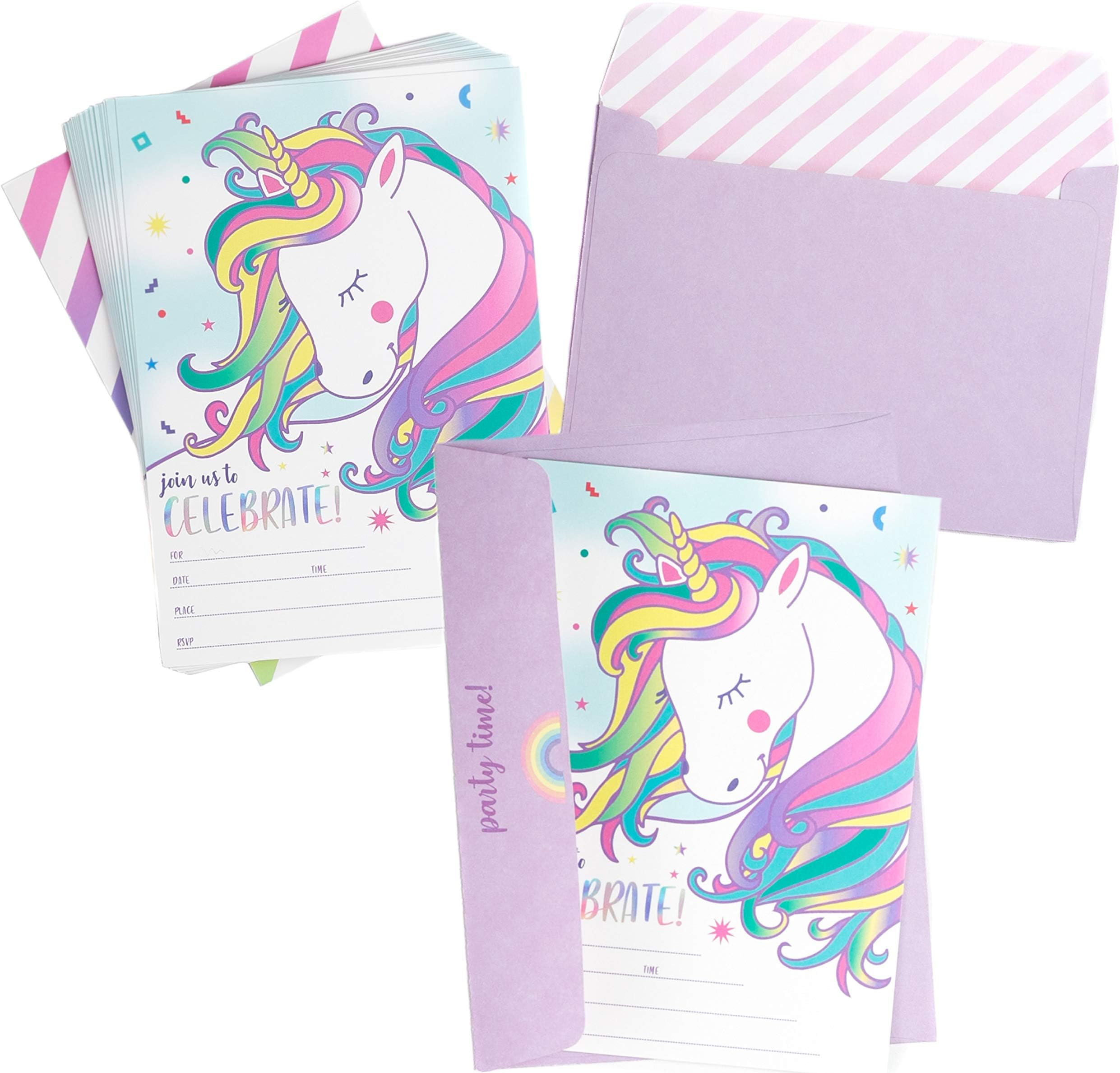 25 Magical Unicorn Birthday Invites with Envelopes, Double Sided, Fill in the Blank, Girls Birthday Cards by Well Krafty