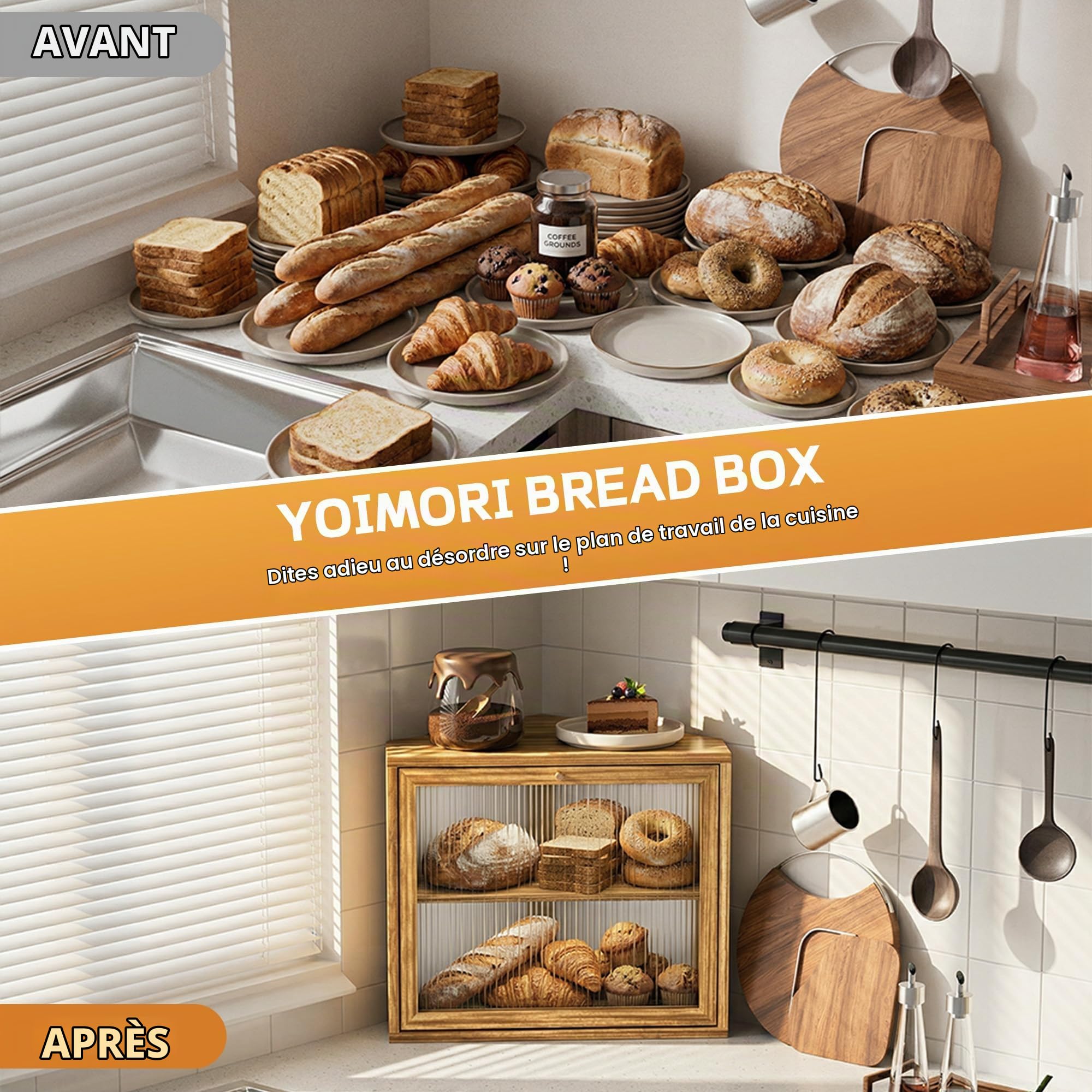 Boite a Pain, 2 Étages Boite a Pain Bois, Grand Cuisine Boîte de Rangement à Pain, Boîtes à Pain D'angle Peu Encombrante pour Pain Maison, Rangement de Cuisine sous les Placards