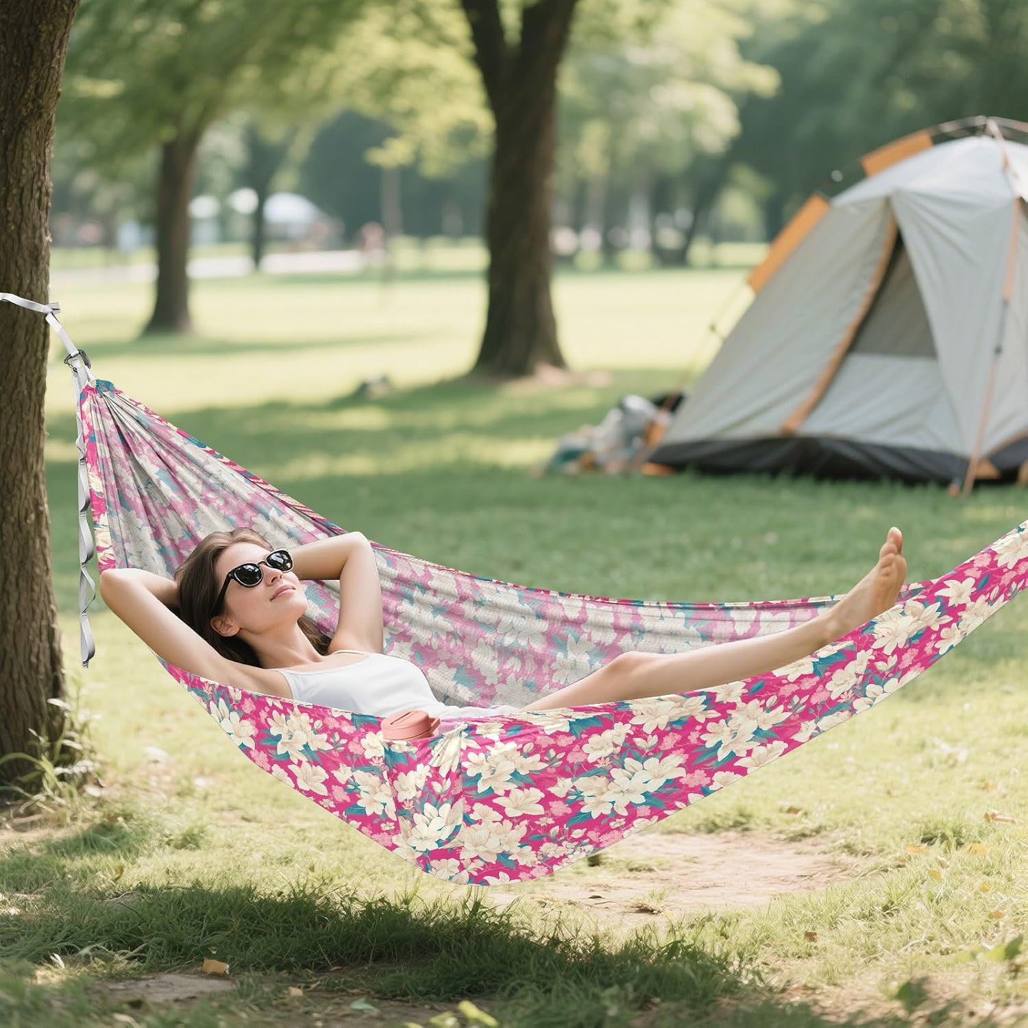 Flowers Hot Pink Outdoor Hammocks with Tree Straps Cloth Hammock for Camping Travel Accessories
