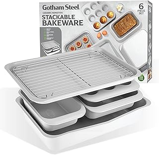 Gotham Steel 6 Pc Stackable Baking Pans Set, 70% Space Saving Design, Ce...