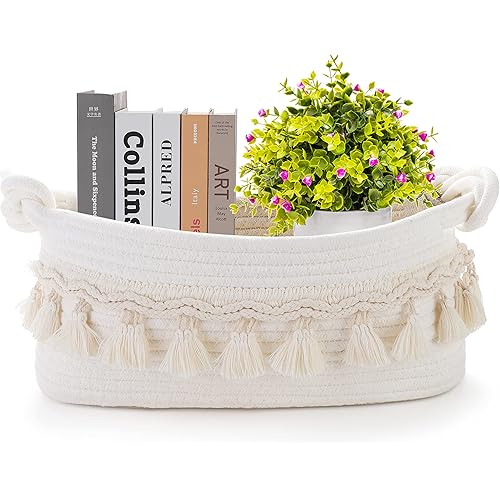 Woven Baskets for Organizing, 14"x5.5"x6" Small Baskets for Gifts Empty Toilet Paper Storage with Knot Tie Handles Decorative Basket for Boho Bathroom Decor Shelves Bedroom Nursery Entryway