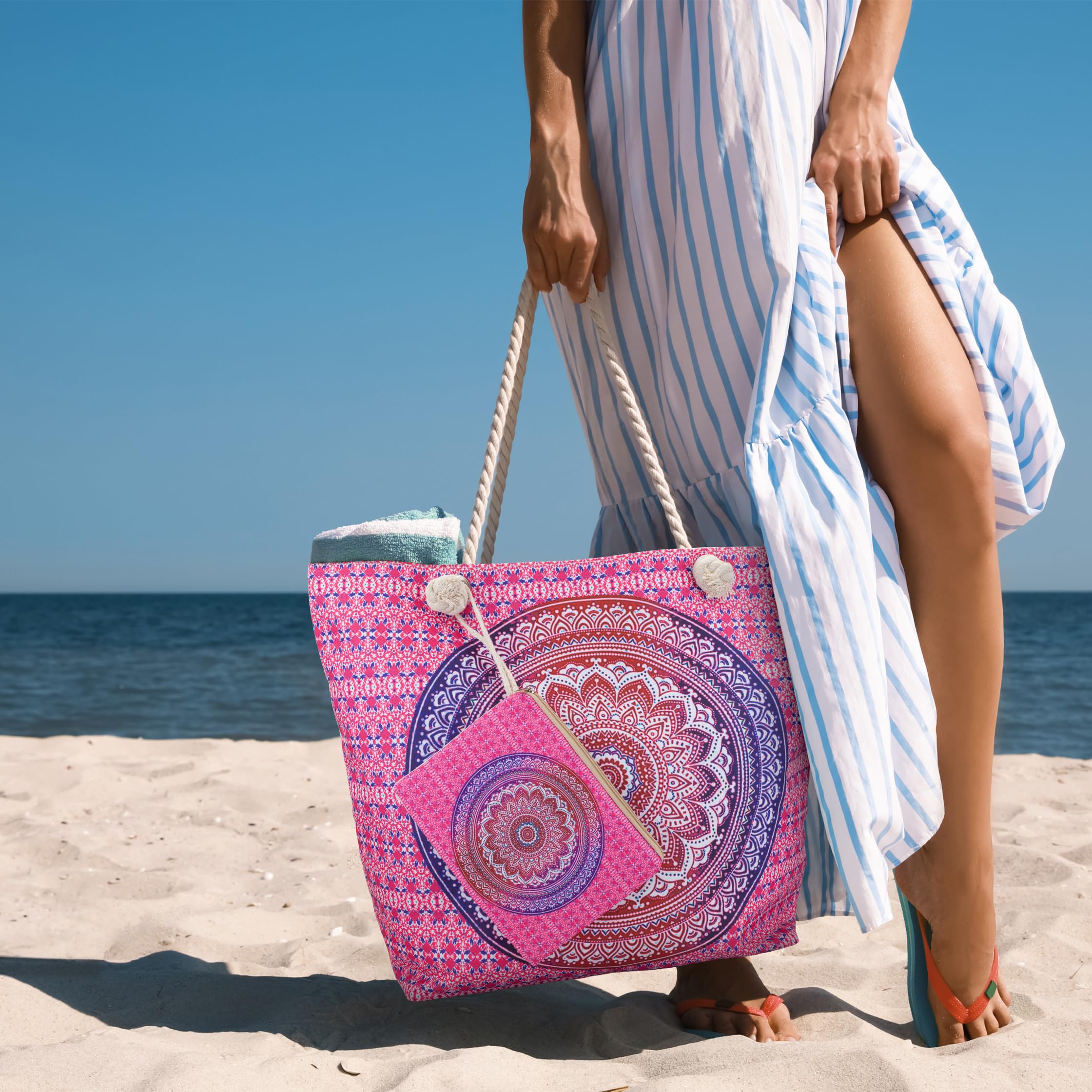 Sac de plage Boho Mandala - Sac d'été XXL avec poignées en cordon - 50 x 39 x 16 cm - Avec mini pochette assortie - Pour plage, pique-nique, vacances, loisirs, piscine
