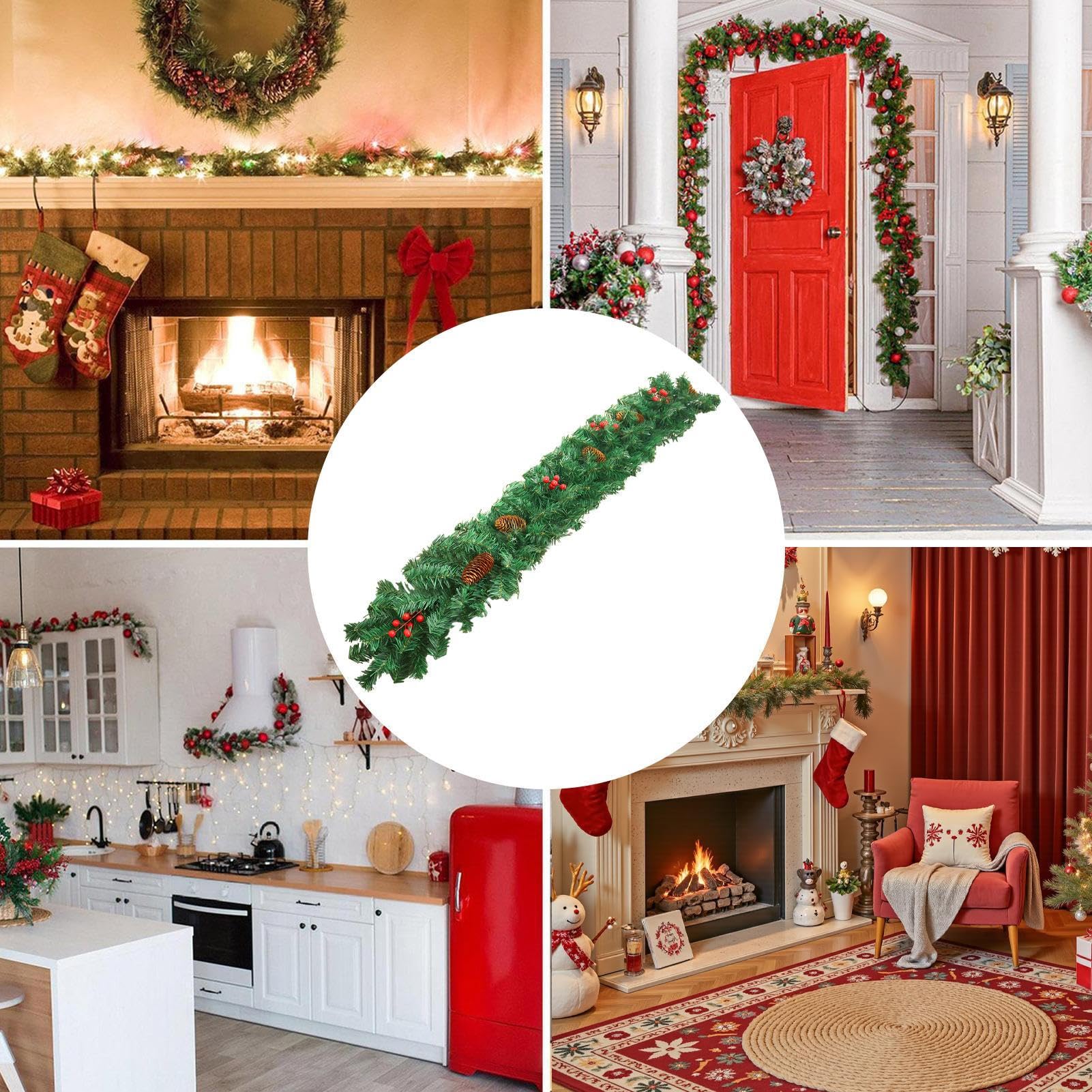 Guirnalda Navideña para Exterior Guirnalda de Mesa de 2.7 Metros | Corona Artificial con Bayas Rojas y Piñas para Decoración para Navidad Bodas Chimenea Porche Mesa de