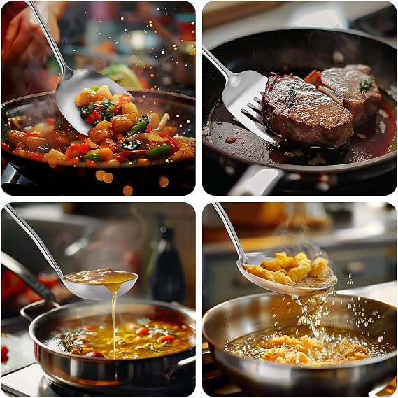 15 Wok Spatula and Ladle,Skimmer Spoon, Slotted Turner Spatula,304 Stainlss Steel Matte Kitchen Utensils Set,4PCS Wok Accessories,Cooking Utensils Tools